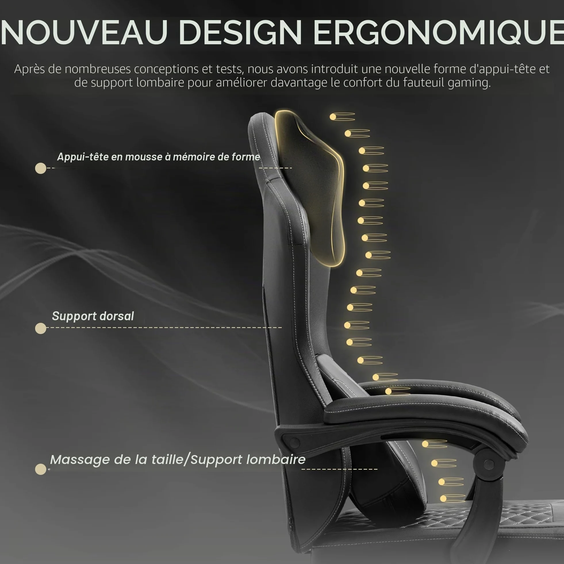 Vigosit Chaise de Gaming Ergonomique avec Soutien Lombaire Chauffant, Coussin à Ressorts ensachés et Repose-Pieds - Noir