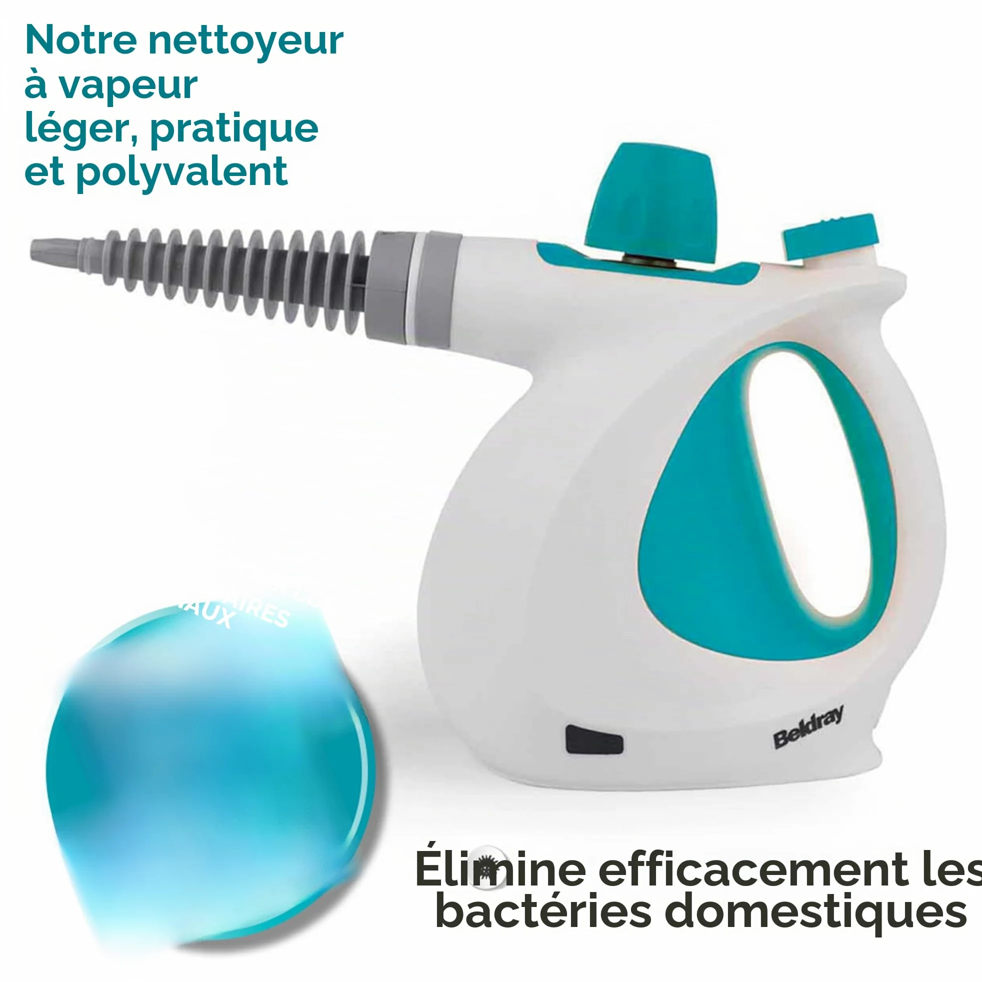 Beldray Nettoyeur Vapeur à Main 10-en-1 , Prise EU, Nettoyage et Désinfection Vapeur Multifonctionnel, Réservoir d'Eau de 250ml, Accessoires Nettoyage pour Rideaux, Salle de Bain, Cuisine etc, 1000W