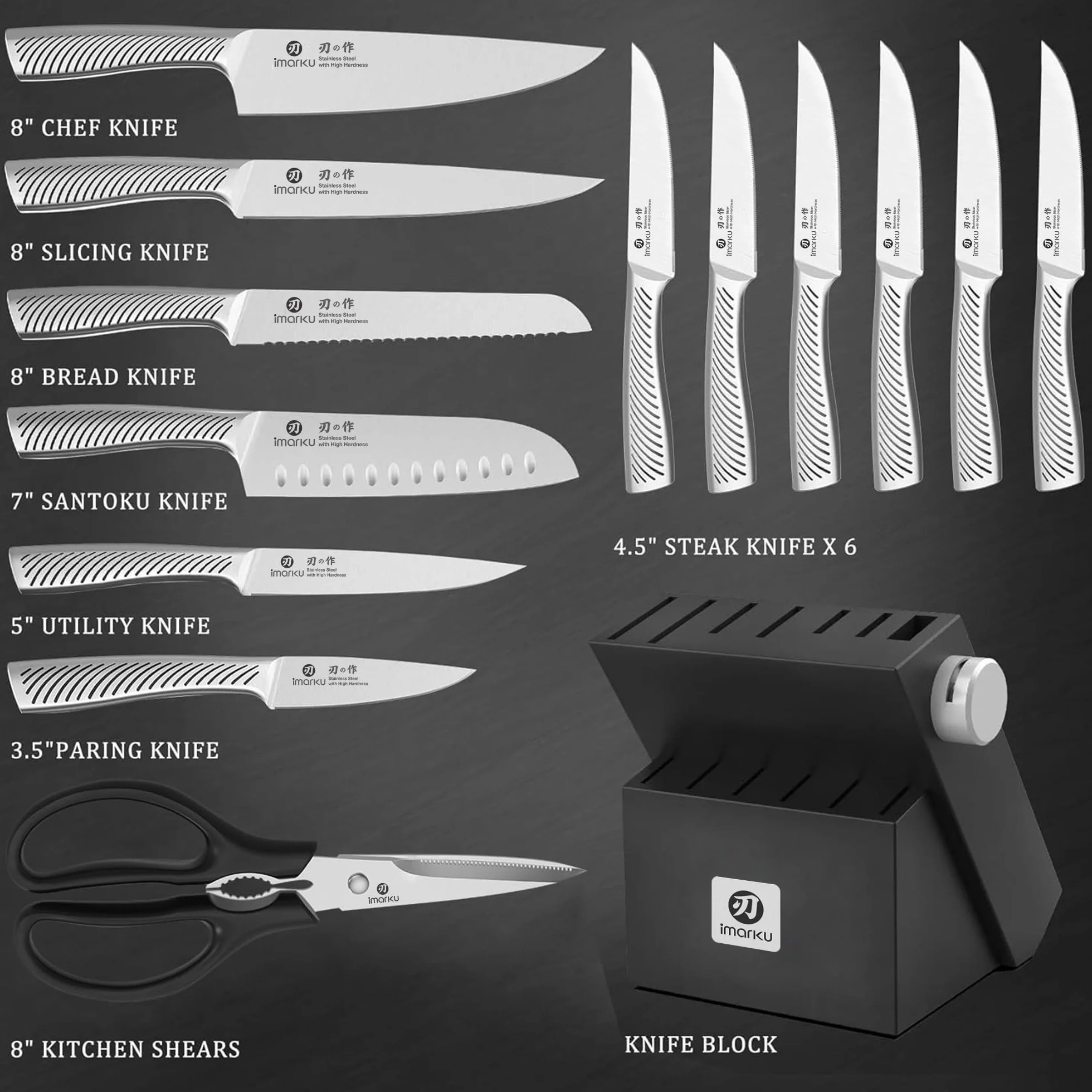 imarku Couteau Cuisine Professionnel, Set de 14 Couteaux de Cuisine en Acier Inoxydable, Bloc à Couteaux avec Aiguisoir, Poignée Ergonomique, Cadeau Fête des Pères