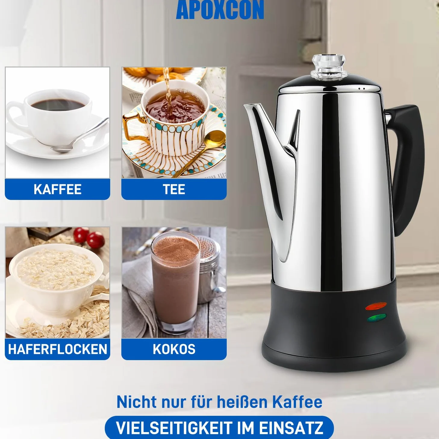 APOXCON Percolateur électrique 12 tasses – Certifié CE, classique avec système d'infusion rapide, bouton en verre résistant à la chaleur et fonction de service sans fil