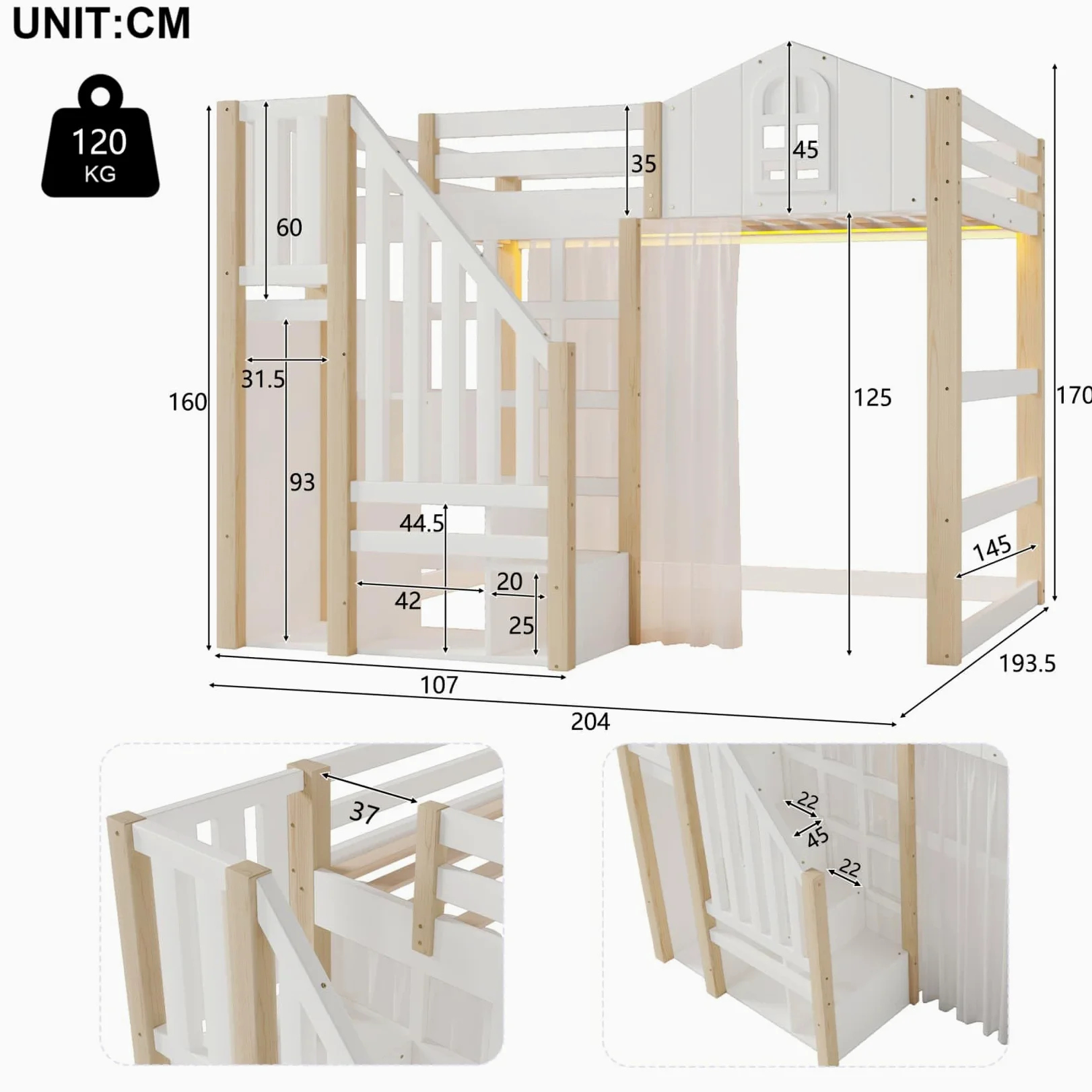 Lit Mezzanine 2 Places 140x200cm,Lit Cabane Enfant avec éclairage LED Réglable,Échelle de Rangement,Rideau en Gaze,Haute Barrière de Type Cabine,pour Enfants Adolescents (Blanc, 140x200)