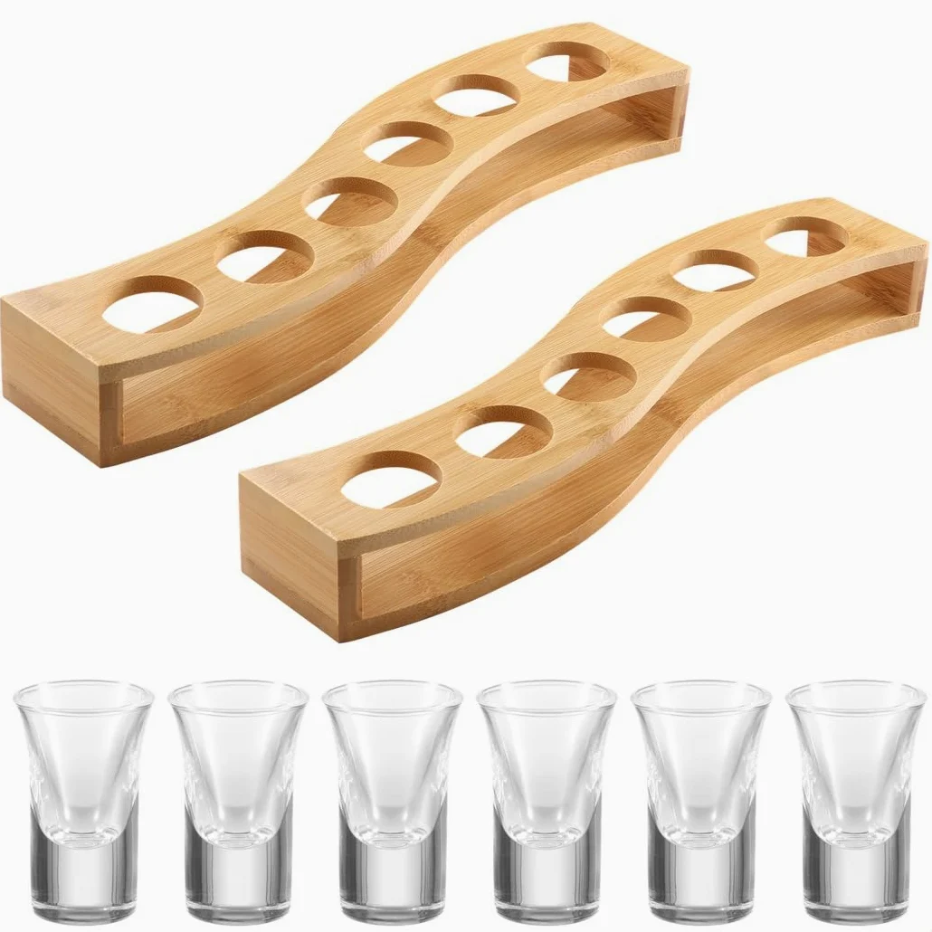 Lot de 6 verres à shot de qualité supérieure avec porte-plateau en bambou en forme de S, gobelets en verre transparent de 25 ml, parfaits pour les fêtes et les restaurants