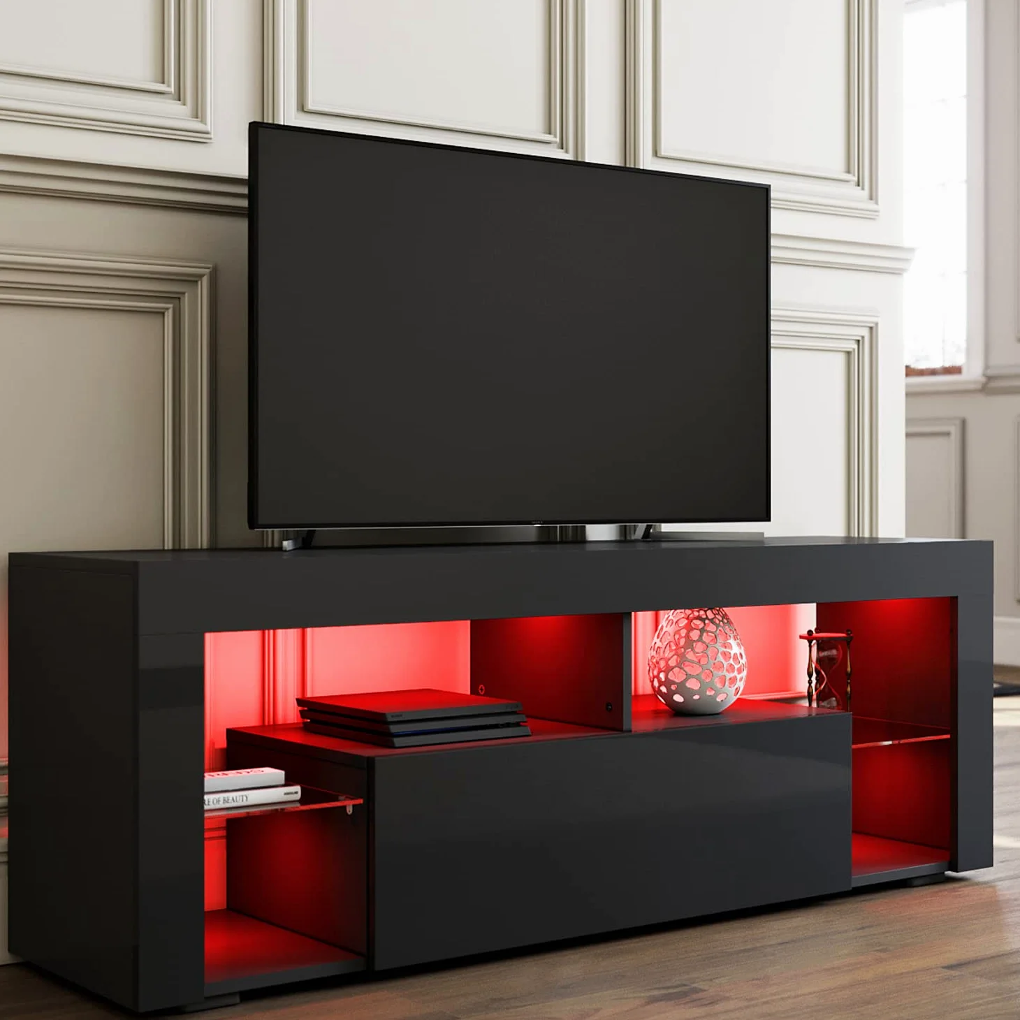 SIRHONA Meuble TV LED Noir, Banc TV 140x35x50.5cm, Éclairage LED RGB avec Couleur réglable, Capacité de Charge 40 kg, Convient pour Salon ou Chambre