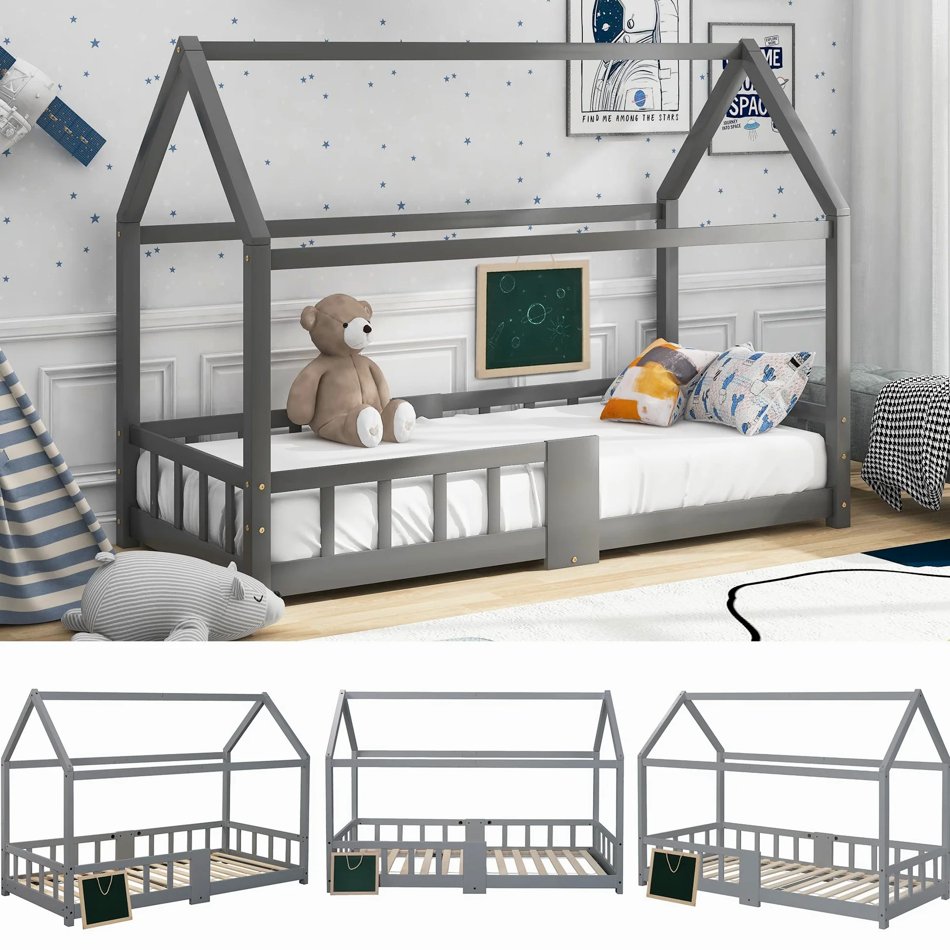 Lit Cabane Enfants 90x200, Lit Maison en Bois Massif avec Barrière Anti-Chute pour Chambre Enfant, Sommier Intégré, Gris,sans Matelas