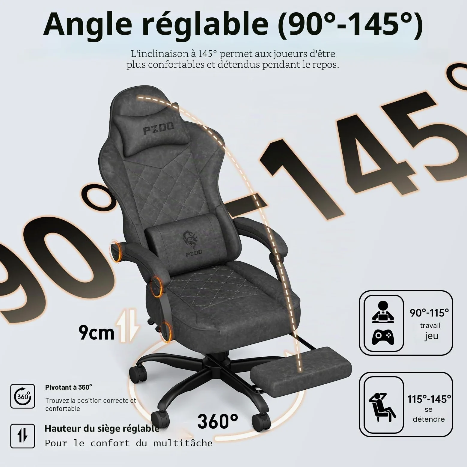PZDO Chaise Gaming Bureau Ergonomique Chaise Gamer avec Tissu High-Tech, Siege Gaming avec Repose-Pieds, Rembourrée Gaming Chair, Fauteuil Gamer pour Adultes(Noir)