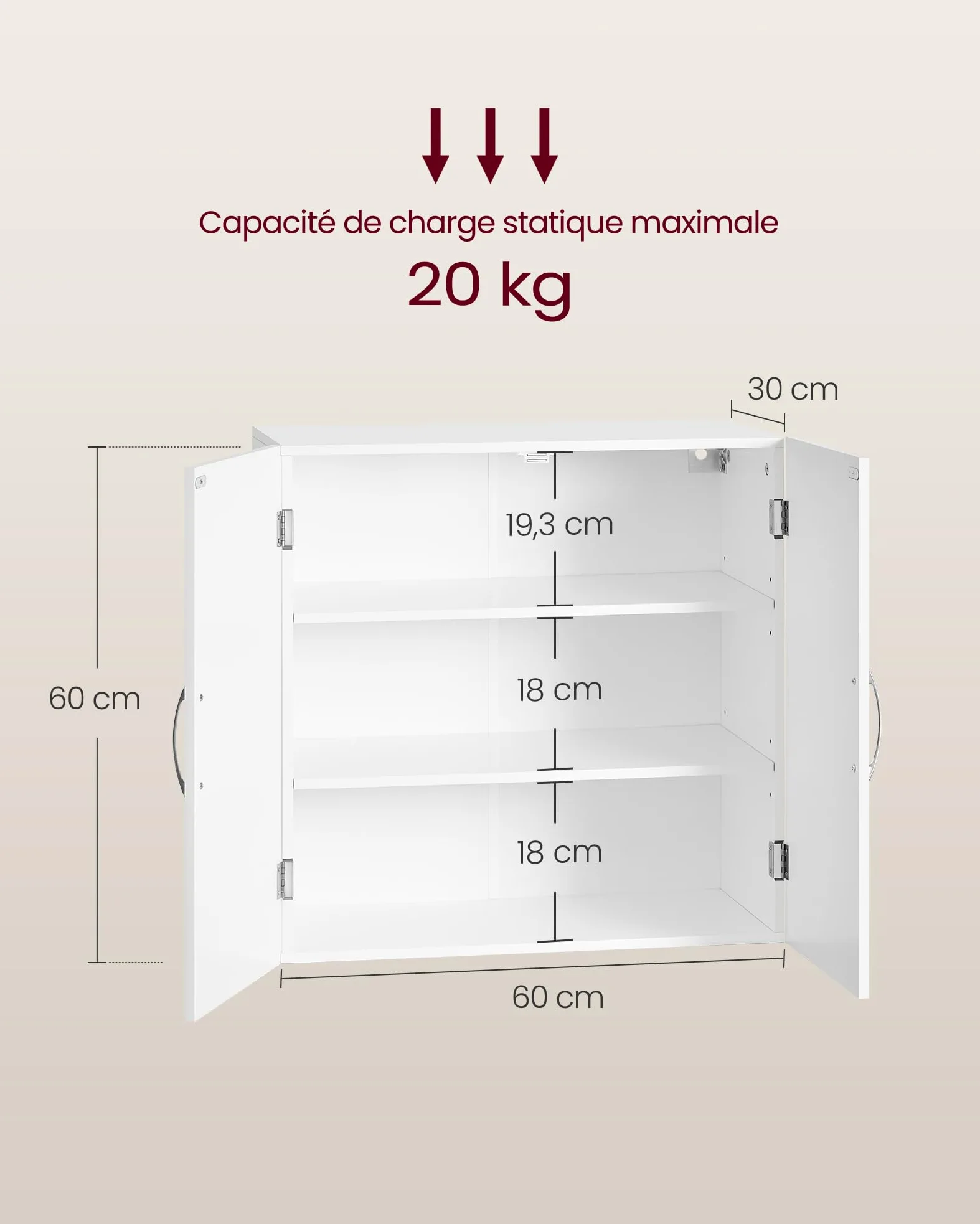 VASAGLE Armoire Murale pour Salle de Bain, Placard de Rangement Mural pour Salle de Bain, 30 x 60 x 60 cm, Armoire à Pharmacie avec Étagères Réglables, Blanc Nuage BBC321W01