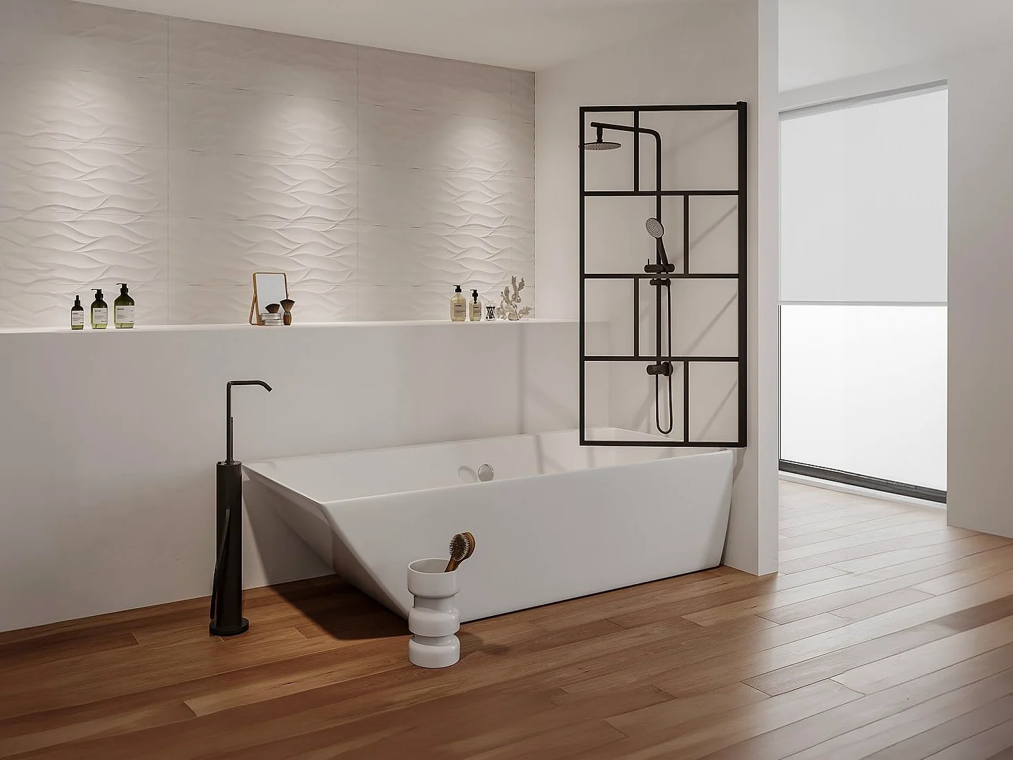 Vente-unique - Pare baignoire pivotant style industriel - 70 x 140 cm - Noir mat - Verre - RIVANON