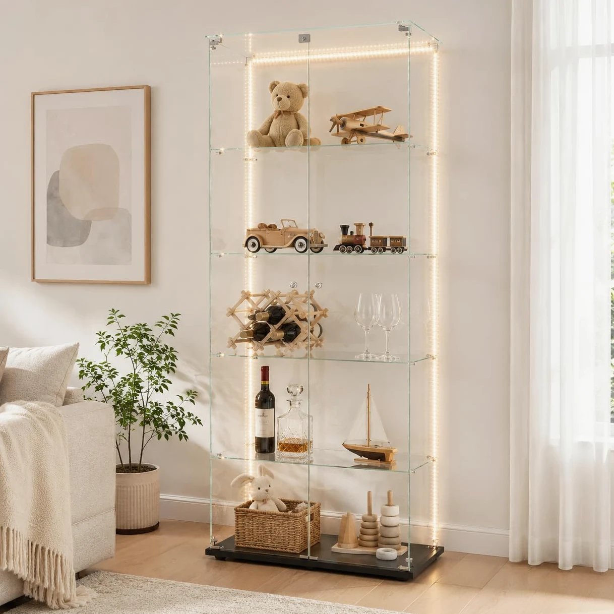 Vitrine en Verre avec LED,Armoire vitrine pour Collection avec 2 Porte 5 étagères Transparent Meuble Vitrine Verre vitrines Figurine Armoire Salon Bar (5 étages 2 Porte+LED-1, Noir)