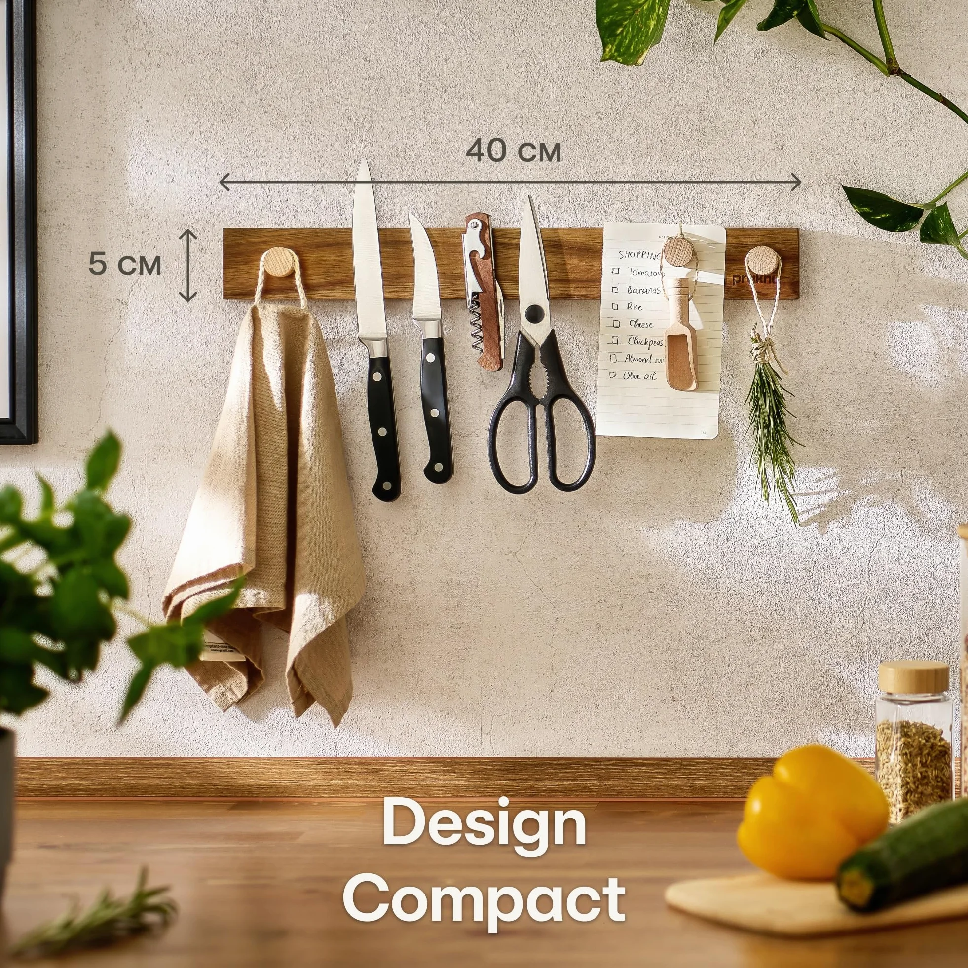Praknu Porte Couteaux Aimanté Autocollante - 40 cm en Bois d’Acacia – Avec 3 Crochets Magnétiques - Barre Murale pour Jusqu’à 8 Couteaux Lourds