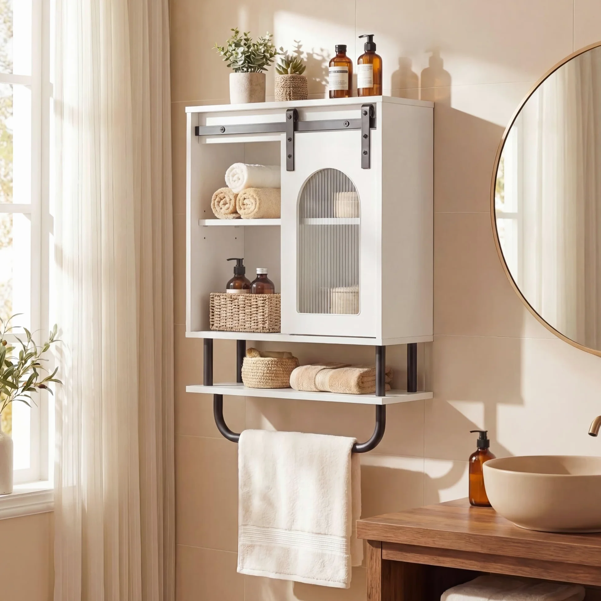 LIFEZEAL Armoire Murale de Salle de Bain, Armoire avec Porte-Serviettes et Compartiment Ouvert, Meuble Suspendu pour Salle de Bain, Cuisine, Salon, 50 x 20 x 70 cm (Blanc3)
