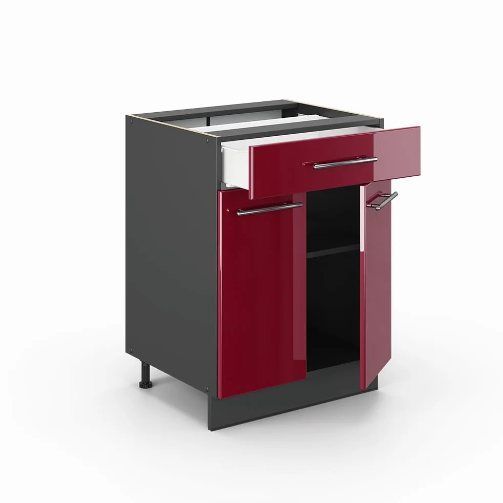 Vicco Meuble Cuisine Fame-Line, Rouge Bordeaux Haute Brillance, 60cm avec tiroir, sans PT, à Combiner avec d'autres modules de la série Fame-Line