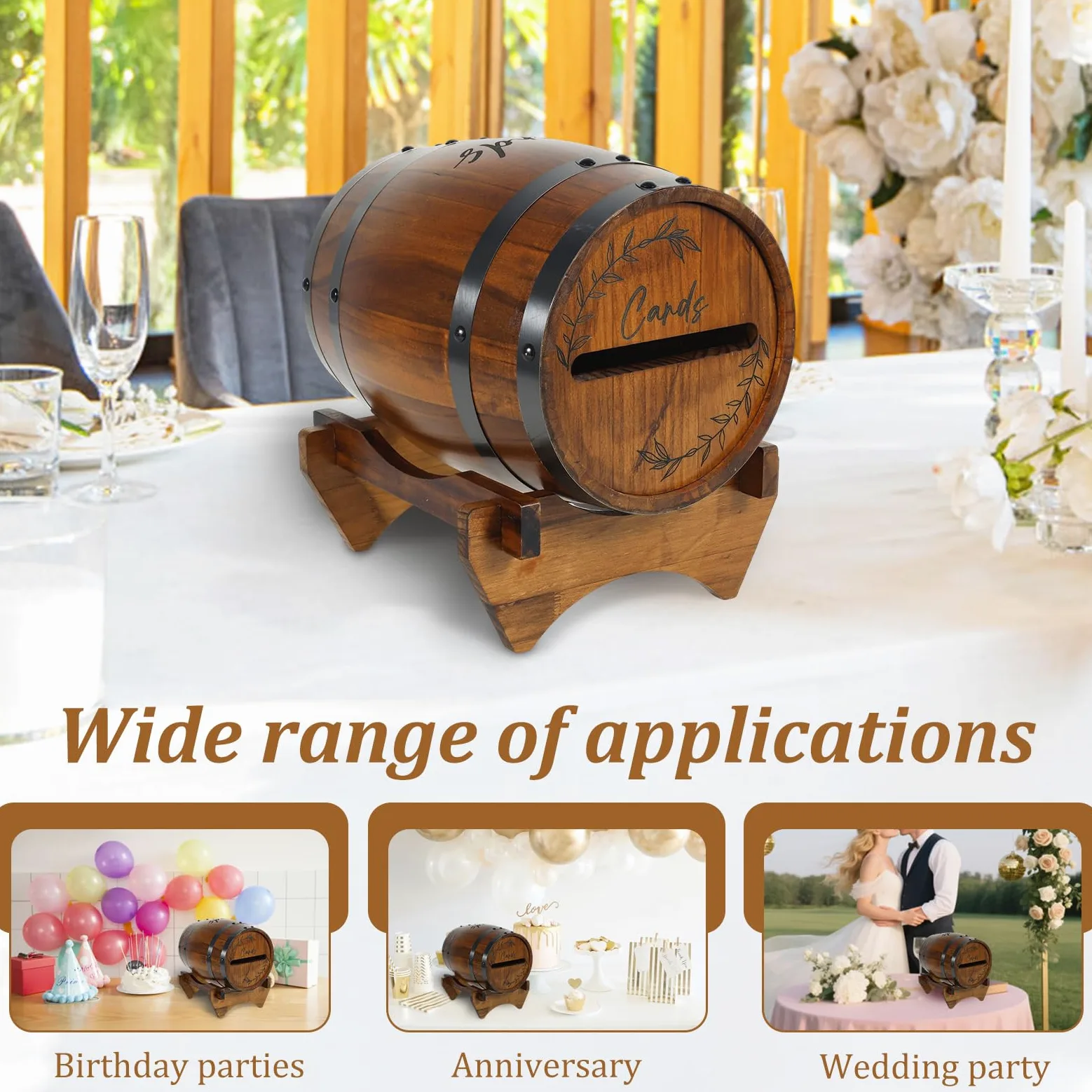 Boîte de rangement en bois pour cartes de mariage en forme de baril de whisky - Housse de rangement pour argent - Housse pour mariage, douche nuptiale, fête d'anniversaire - Décor (brun)