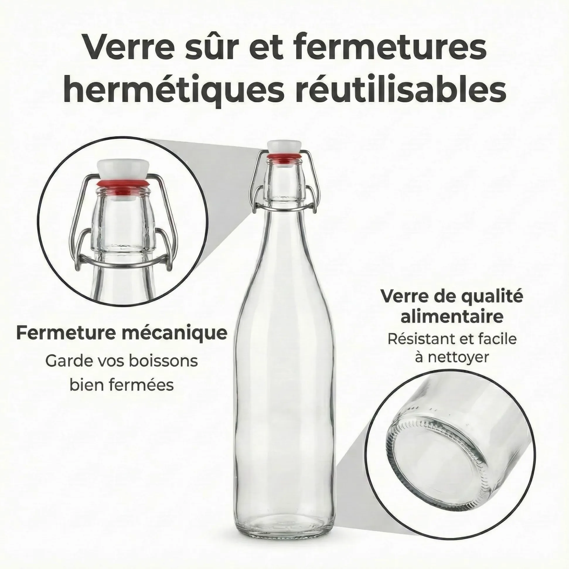 myFERMENTS Kit 6 Bouteilles 750ml en Verre Épais avec Bouchon Mécanique Hermétique | Set Complet Fermentation Bière Kombucha Kéfir Huile | Entonnoir 10cm, Tissu 50x50cm, Joint Porcelaine