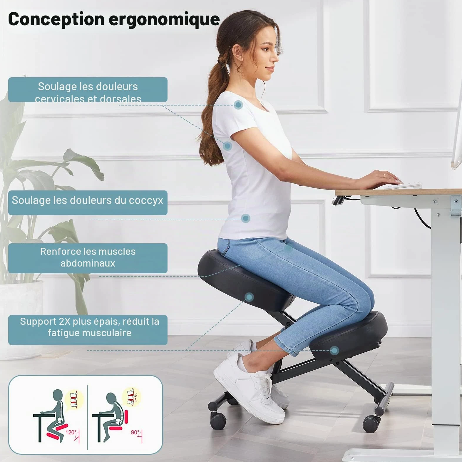 Chaise à Genoux de Bureau Ergonomique, Tabouret Genoux pour la Maison et Le Bureau, Chaise pour Ordinateur avec roulettes, Réglable Hauteur, Structure de Métal, Faux Cuir, Rembourrée