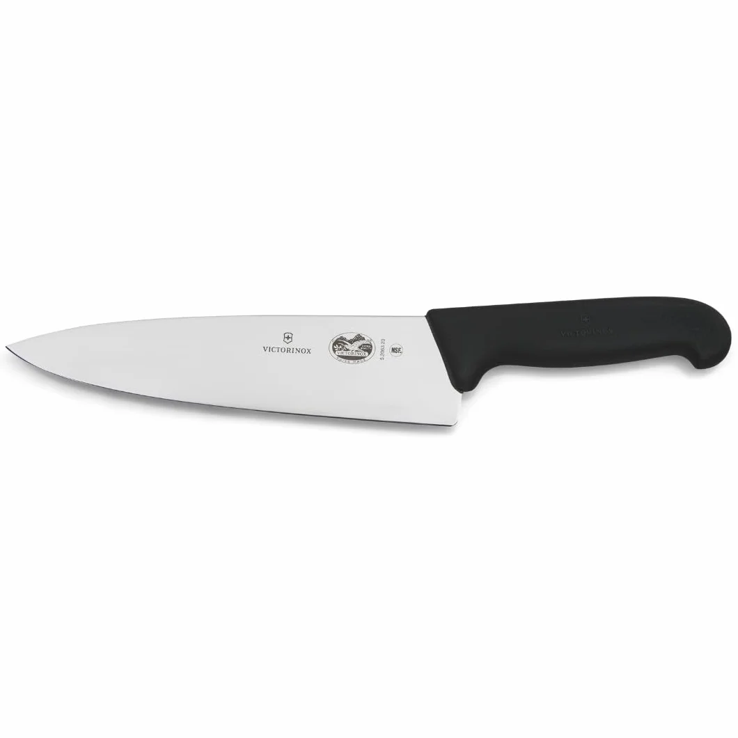 Victorinox Fibrox Couteau de chef, Large couteau universel pour viande, poisson, légumes et herbes, 20 cm, Lame lisse, Tranchant, Inox, Noir