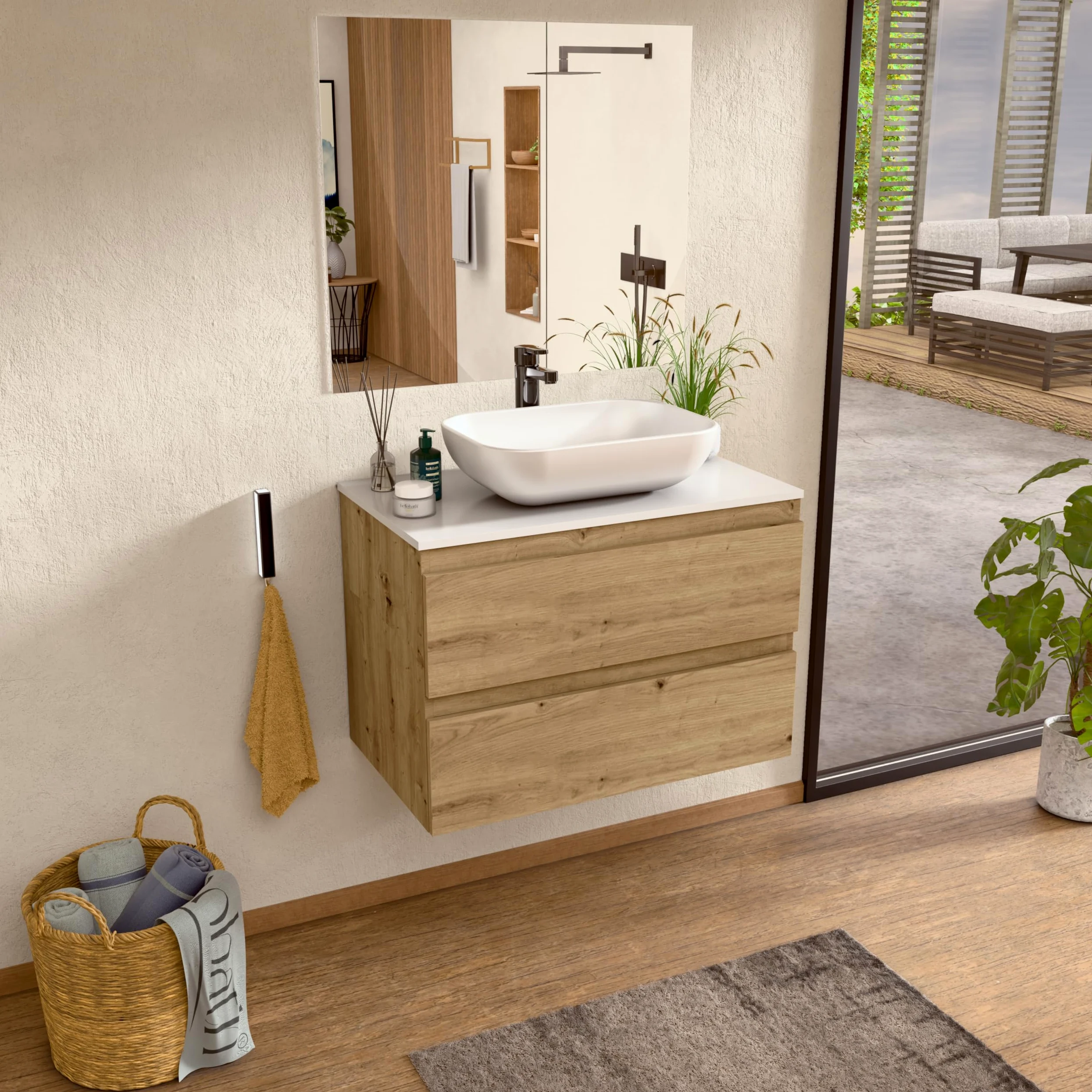 BELLOBATH - Meuble Salle de Bain avec Lavabo en Céramique et Miroir, Meuble de Rangement Salle de Bain, 2 Tiroirs 80 x 55 x 46 cm, Meuble Chêne/Blanc