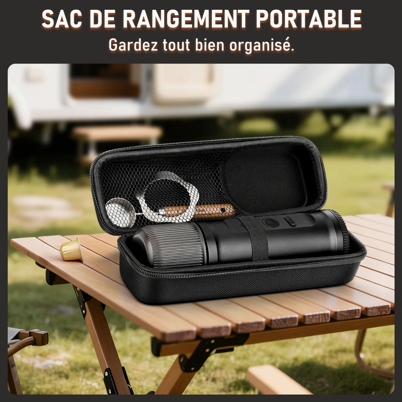 ICARE Machine à Café Portable, Cafetière Portable 2 en 1 pour Capsules NS et Café Moulu, Auto-Chauffante, Recharge USB-C, Indicateur de Batterie, pour Camping, Randonnée, Voyages, Camping-cars (Noir)