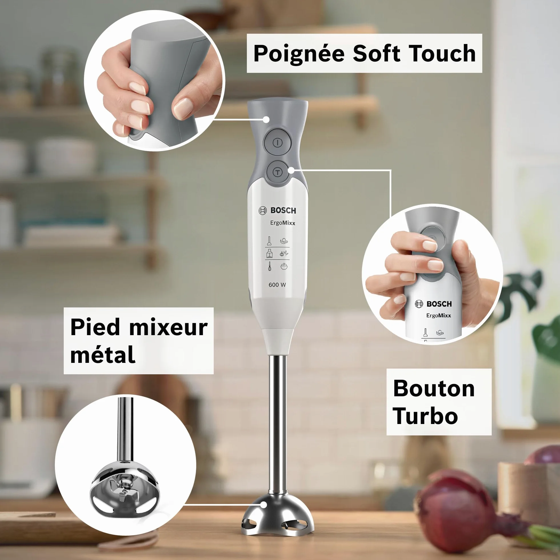 Bosch Mixeur plongeant ErgoMixx, moteur 600 W, 2 vitesses, gobelet doseur, blanc/gris, MSM66110
