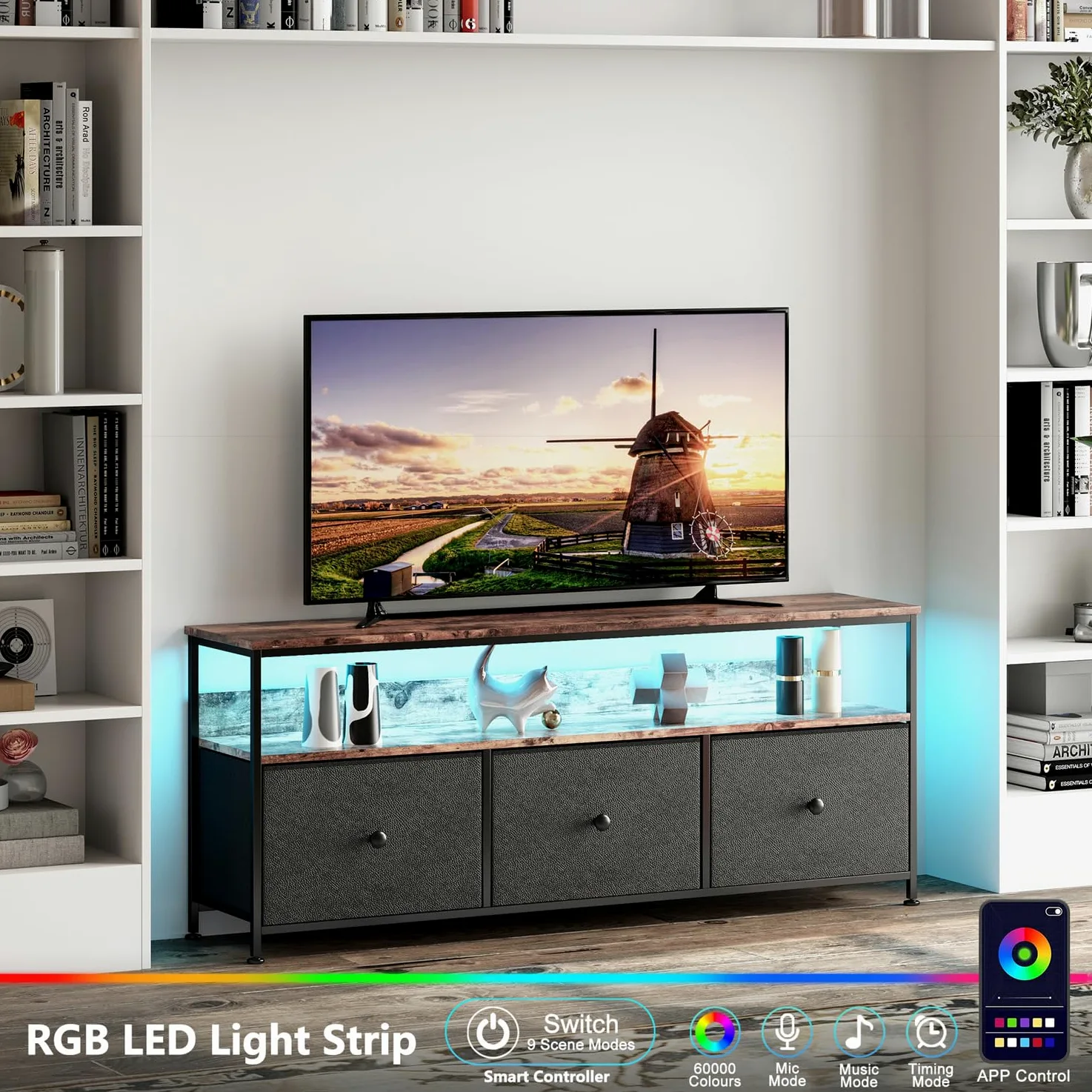 Meuble TV LED pour salon, console multimédia avec tiroirs à motif floral, lumières LED, centre de divertissement avec rangement, console de jeux avec meuble de jeux pour salon (noir B)