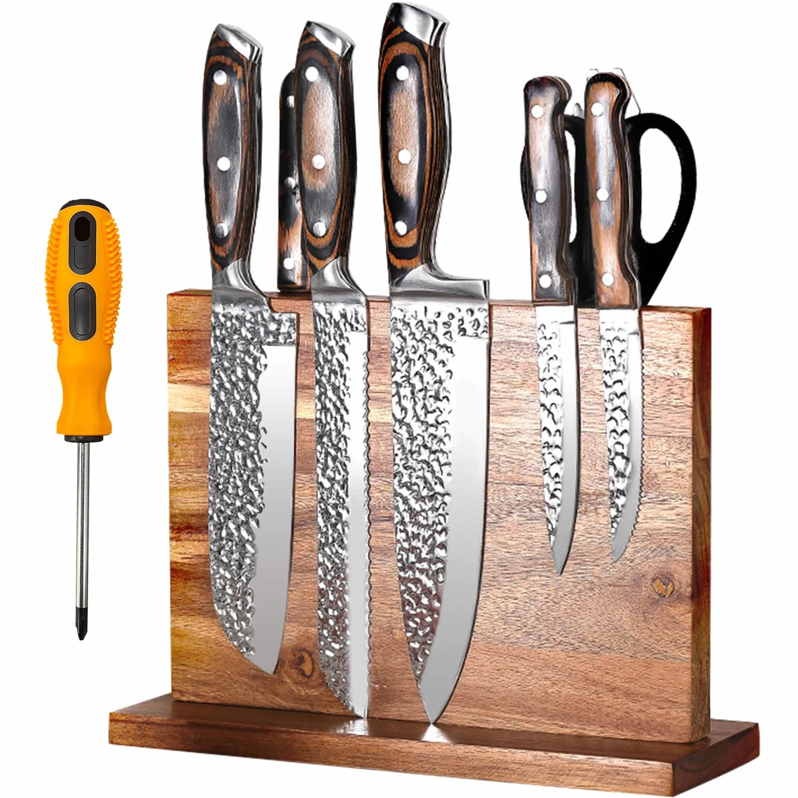 Porte Couteaux Aimanté, Porte Couteaux Cuisine, Bloc Couteaux Magnétique Bois d'Acacia, Aimanté Double Face Porte, Range Couteau de Cuisine avec Aimant Puissant, Antidérapant et Encombrant