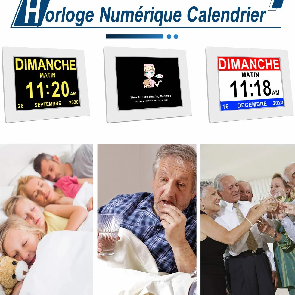 SINOIDEAS 8" Pouce LCD Horloge Numérique Calendrier avec Date Jour Et Heure Non-Abrégée Auto Dimming 8 Langues HD Display Rappel pour Alzheimer Les Personnes âgées et Les Enfants
