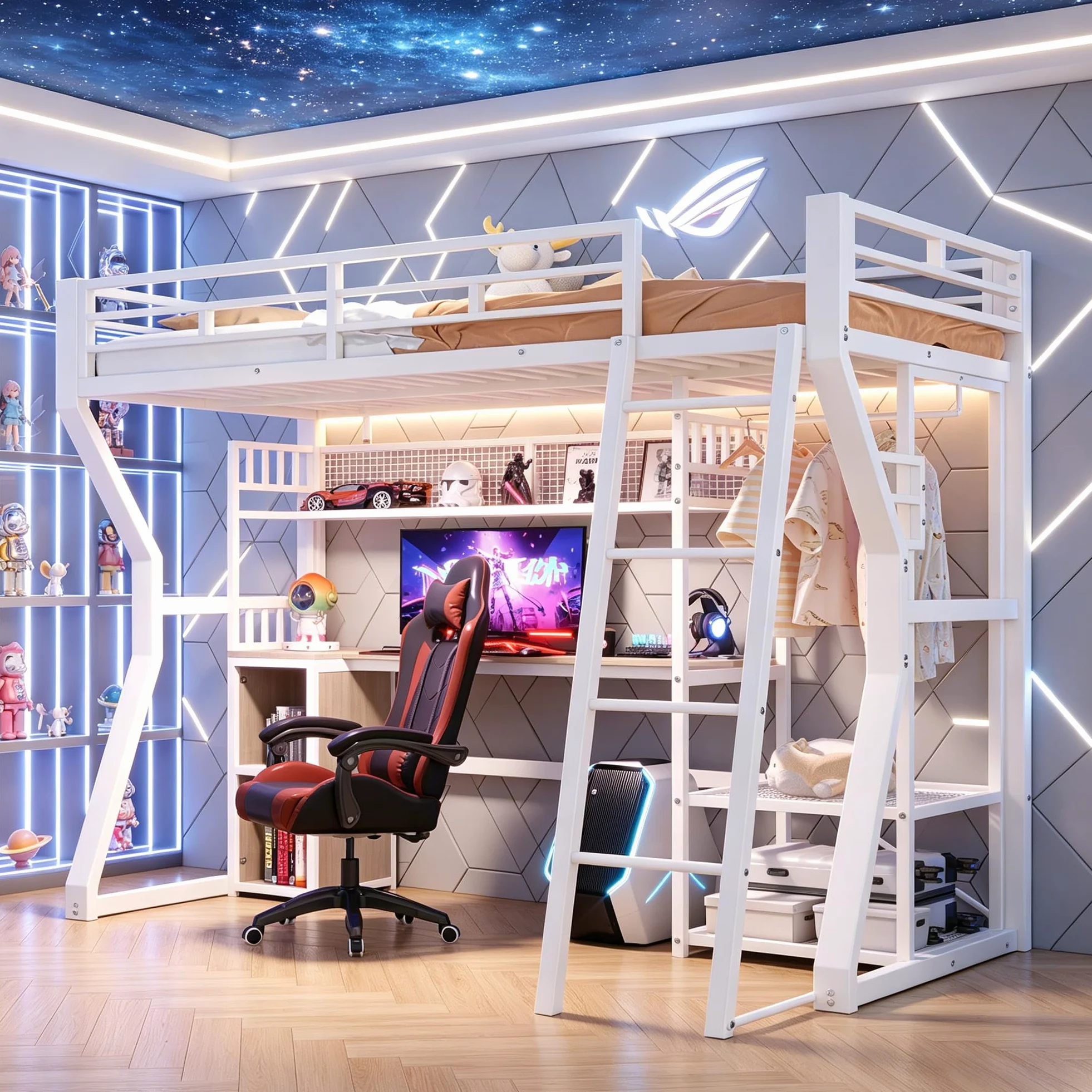 Lit Mezzanine Enfant 90x200cm avec Bande LED et Prise Électrique,Lit Superposé 1 Places en Métal avec Penderie,Bureau, Rangements,Étagères,Cadre de Lit Simple per Ado,sans Matelas,Blanc