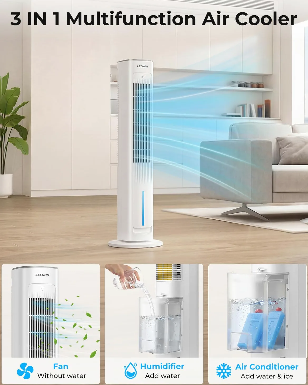 LEENON 3en1 Rafraichisseur d'Air Silencieux, 38" Colonne Ventilateur avec Télécommande & Réservoir 3L, 3 Vitesses/Modes, Minuterie 12H, Oscillation, Ventilateur Eau Froide Maison