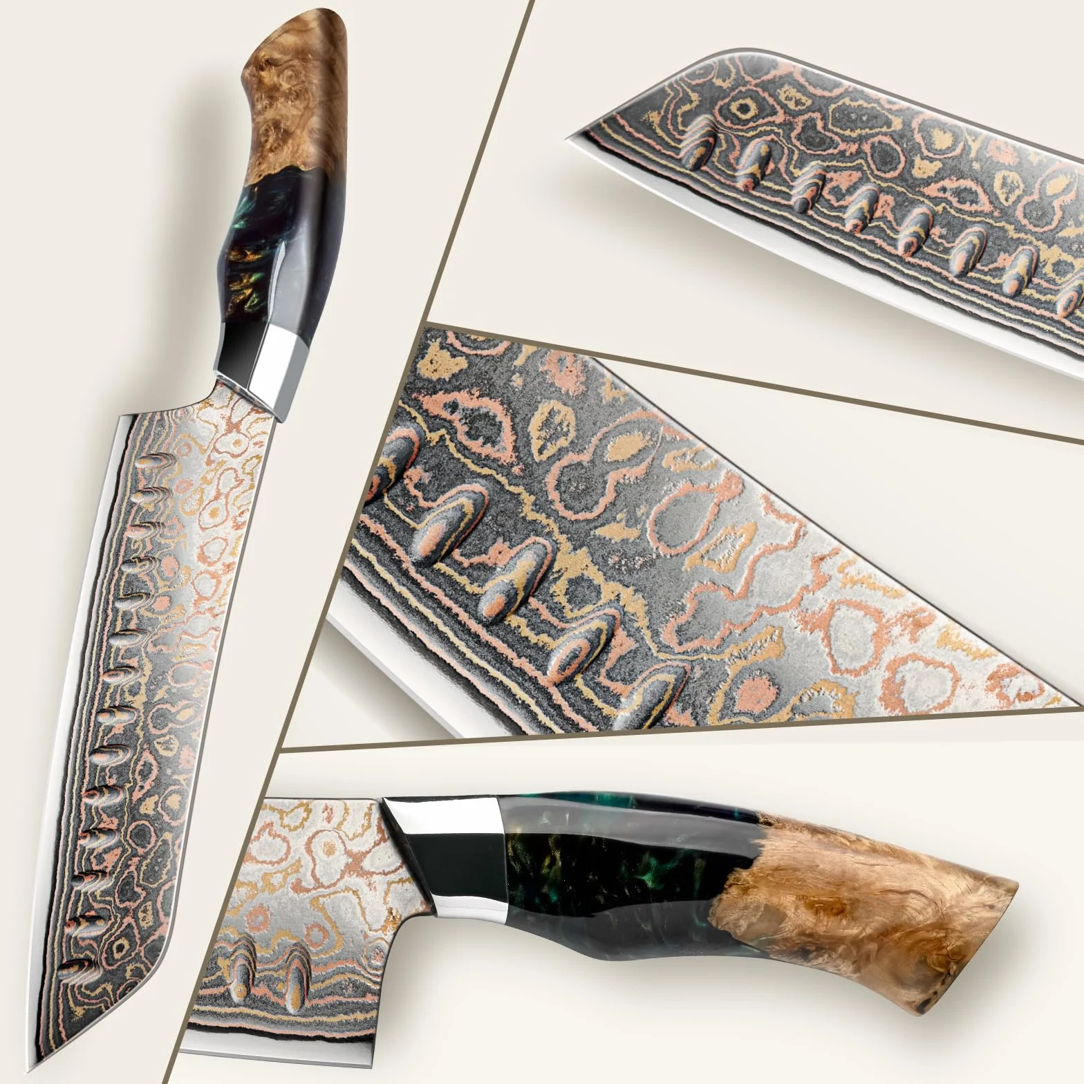 SHAN ZU Couteaux Santoku Damas 18cm, Couteau de Cuisine en Cuivre et Acier Damas 33 Couches, Couteau Japonais Santoku Professionnel Forgé à la Main avec Manche en Bois d'érable - VENUS Series