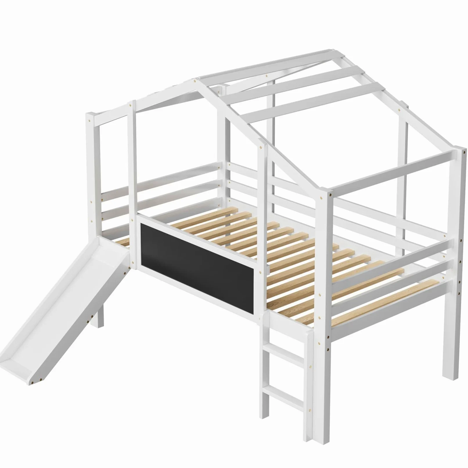 Lit Mezzanine 1 Place 90x200cm,Lit Cabane Enfants avec Toboggan,Tableaux Blancs,Haute Barrière,Sommier à Lattes Solide,Pin,pour Enfants Adolescents,sans LED/Matelas(Blanc)