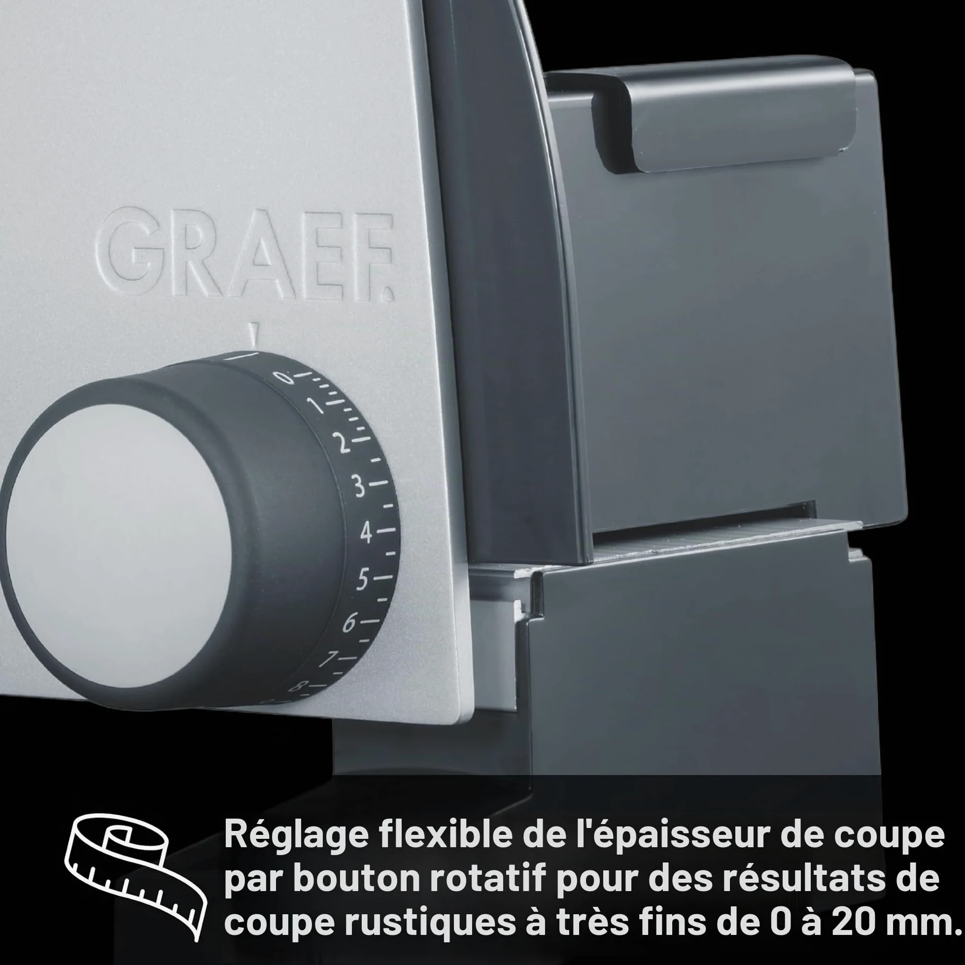 GRAEF G50 - Trancheuse universelle électrique, lame ondulée en acier inoxydable Ø 170 mm, épaisseur de coupe 0-20 mm, sécurité enfants