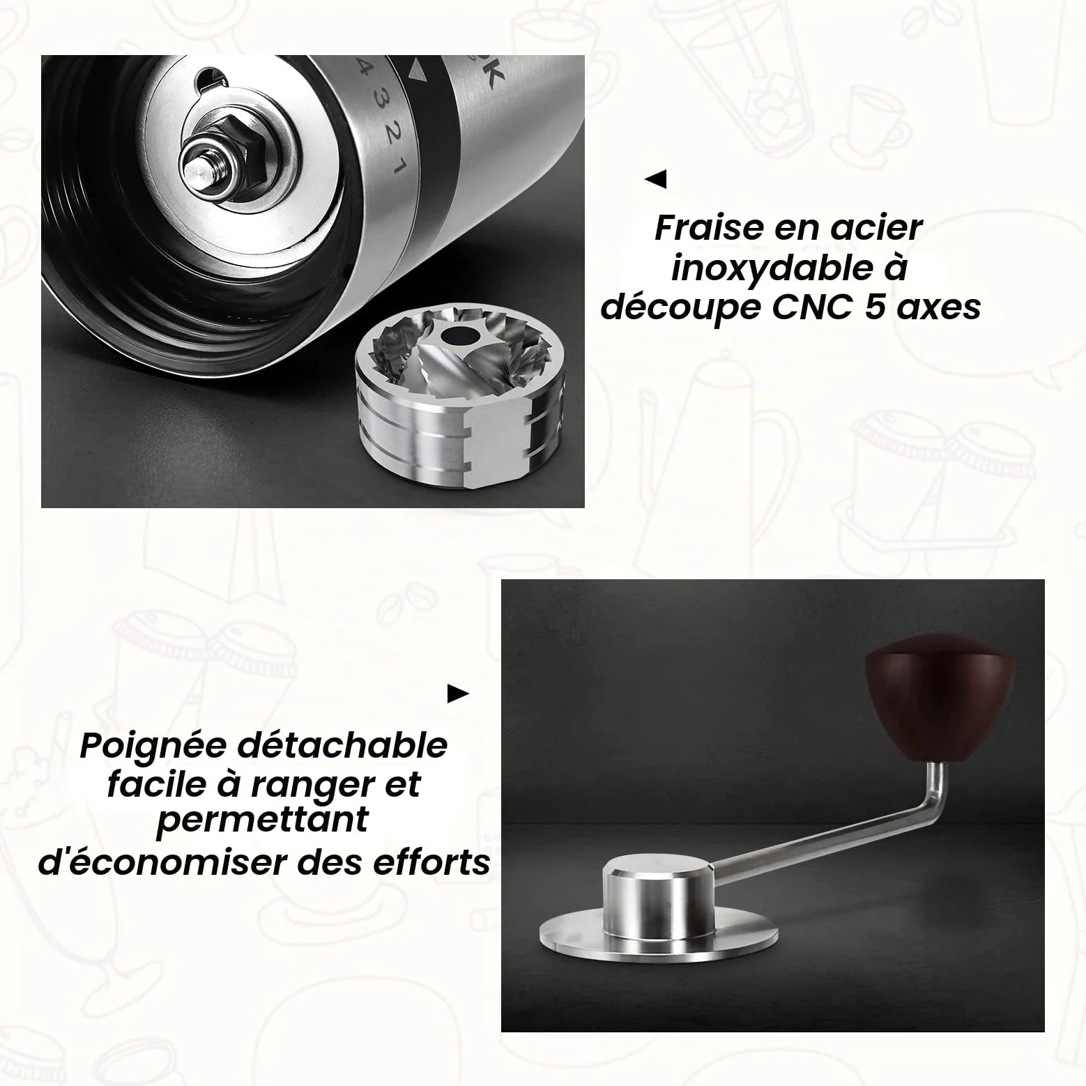 Vevok Chef Moulin à Café Manuel avec 6 Réglages Externes pour Espresso à French Press, Meule Conique en Acier Inoxydable, Idéal pour Maison, Bureau ou Voyages, Argent