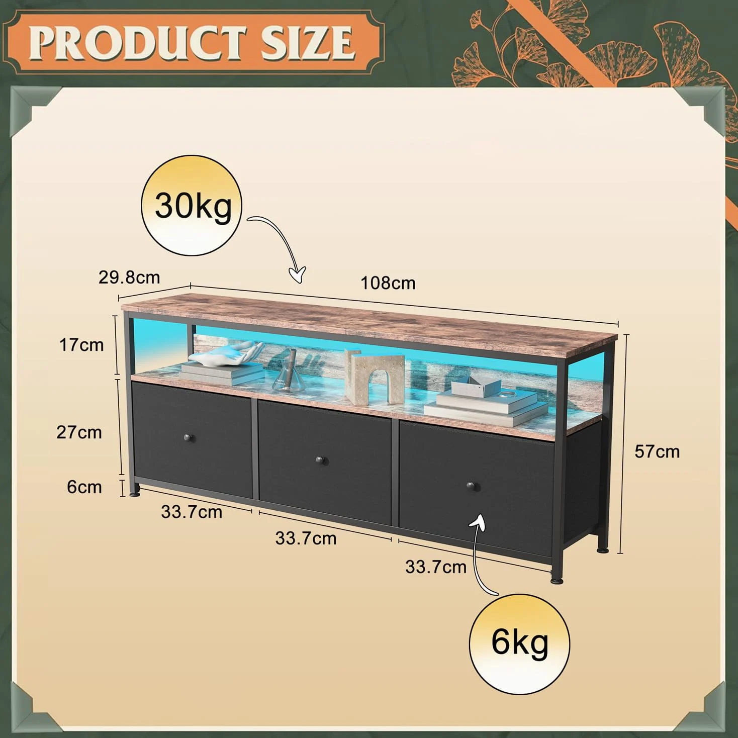Meuble TV LED pour salon, console multimédia avec tiroirs à motif floral, lumières LED, centre de divertissement avec rangement, console de jeux avec meuble de jeux pour salon (noir B)