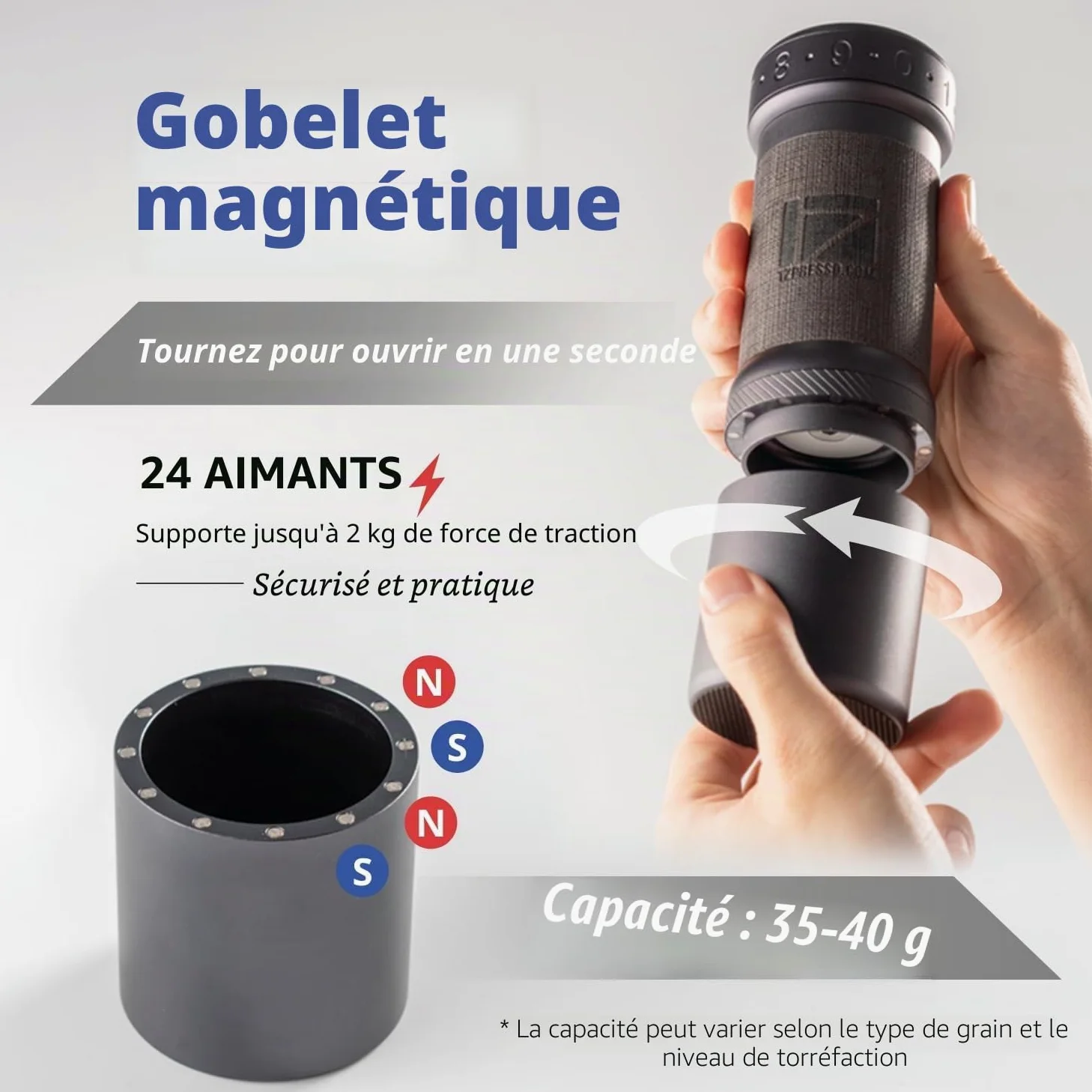 1Zpresso K-Ultra Moulin à café manuel gris fer avec étui de transport, meulage cohérent de l'assemblage Fraise conique en acier inoxydable, poignée pliable, réglage numérique externe réglable, moulin