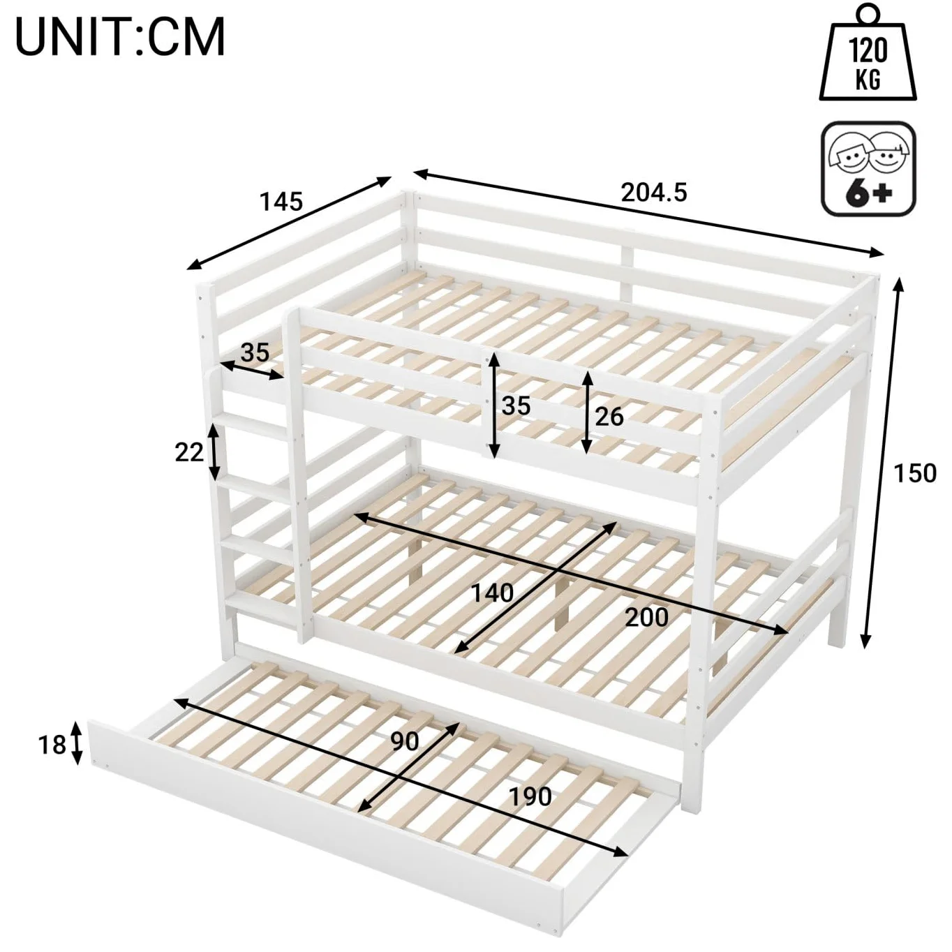 Sweiko Lits superposés 140 * 200cm, Lits pour Enfants avec Lits escamotables, Cadres de lit avec Garde-Corps Hauts, escaliers Stables,White