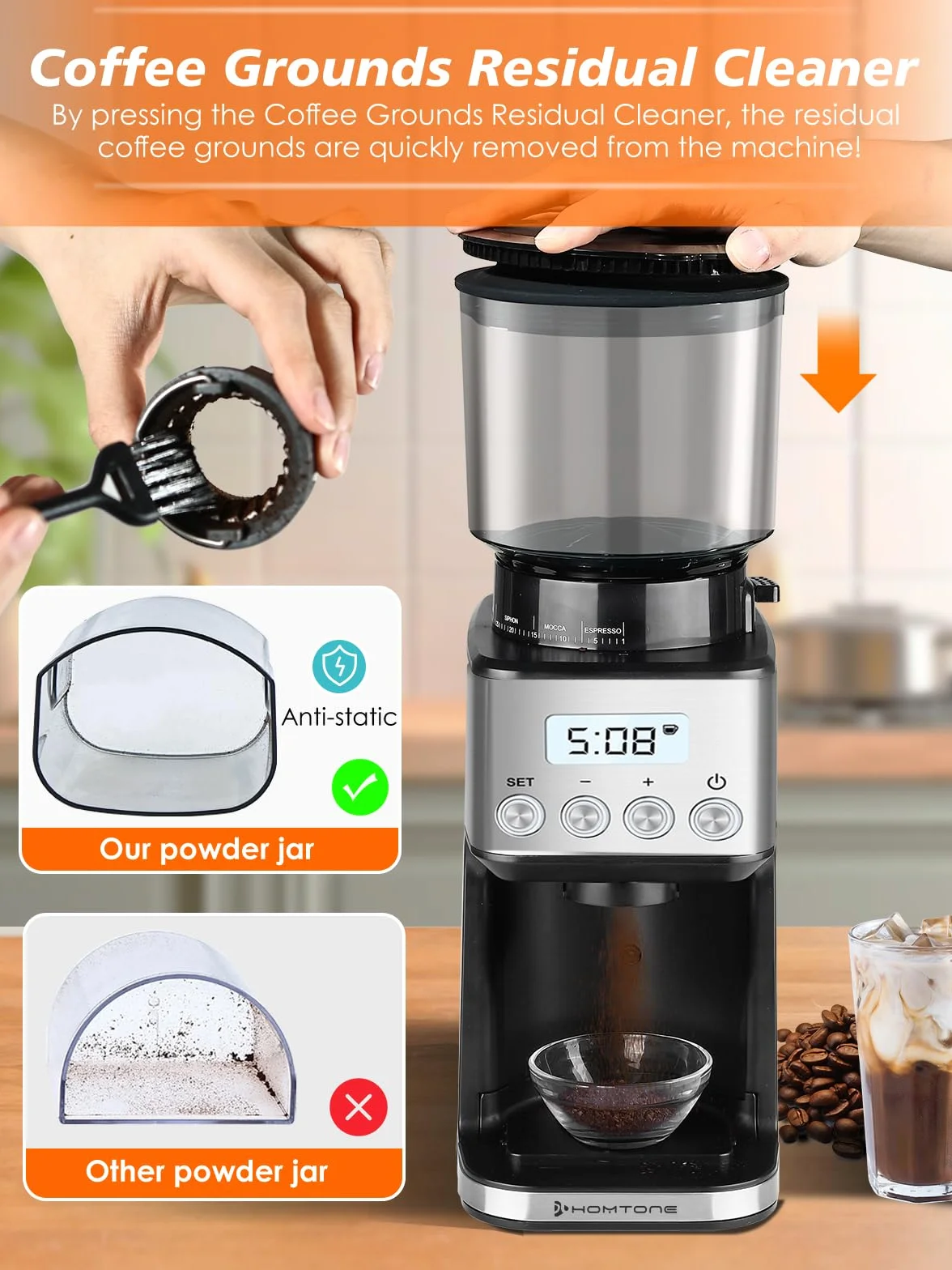 Homtone Moulin à Café Électrique, 51 Niveaux de Mouture Réglables, Broyeur à Meule Conique en Acier Inoxydable, Antistatique, pour Espresso, Café Filtré, French Press, 160 W (Argent)