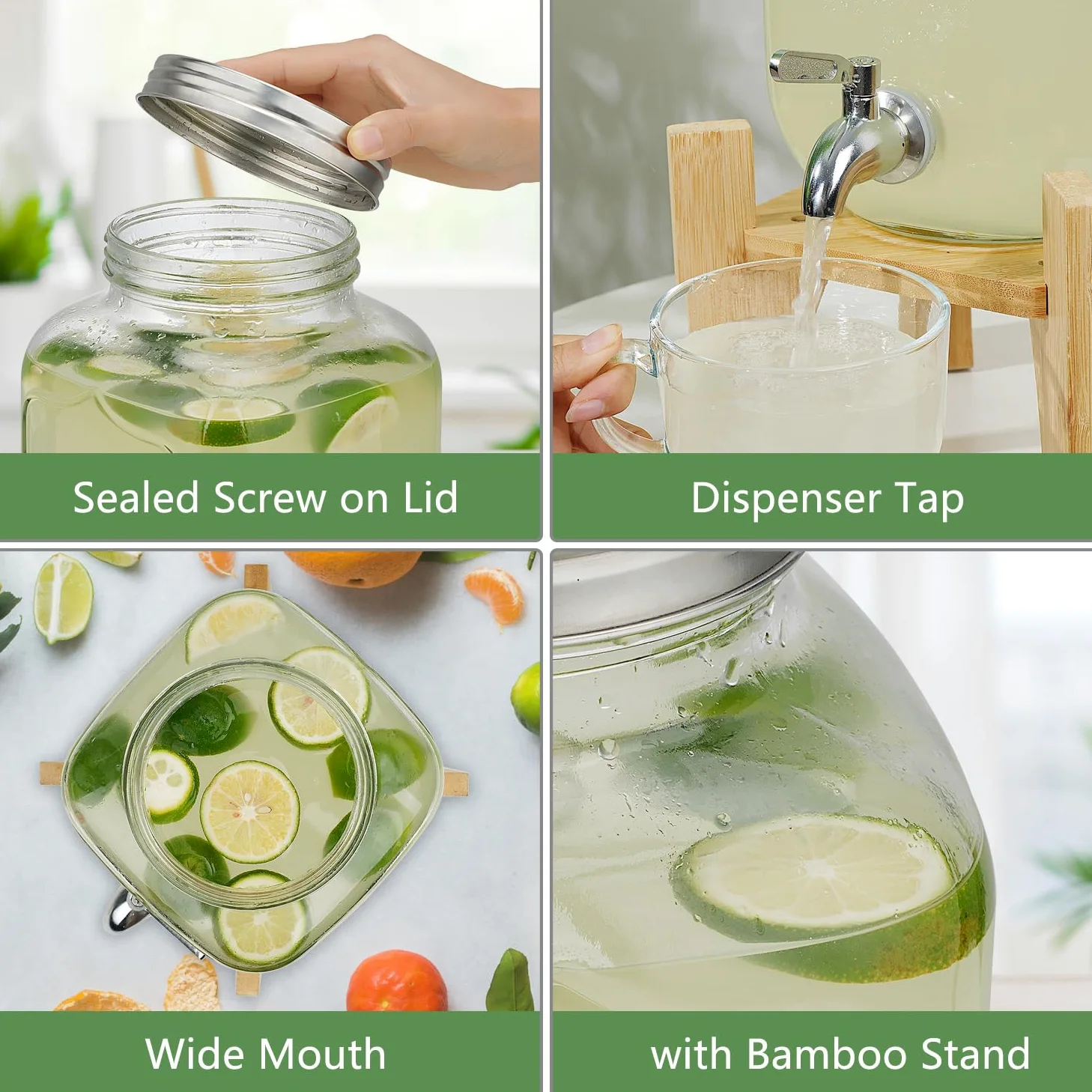 4L Distributeur de Boissons en Verre avec Robinet Support, bonbonne de Jus de Fruits avec robinet pour BBQ, jarre cocktail, fêtes à la piscine et réunions de famille pendant les vacances