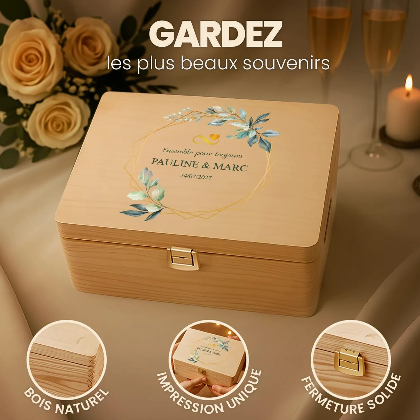 Maverton Boite a Souvenir Personnalisable - Cadeau Personnalisé pour couple - L/XL Boite de Rangement avec Couvercle en Bois de Pin Naturel - Cadeau Noel - Cadeau Mariage Anniversaire Amoureux