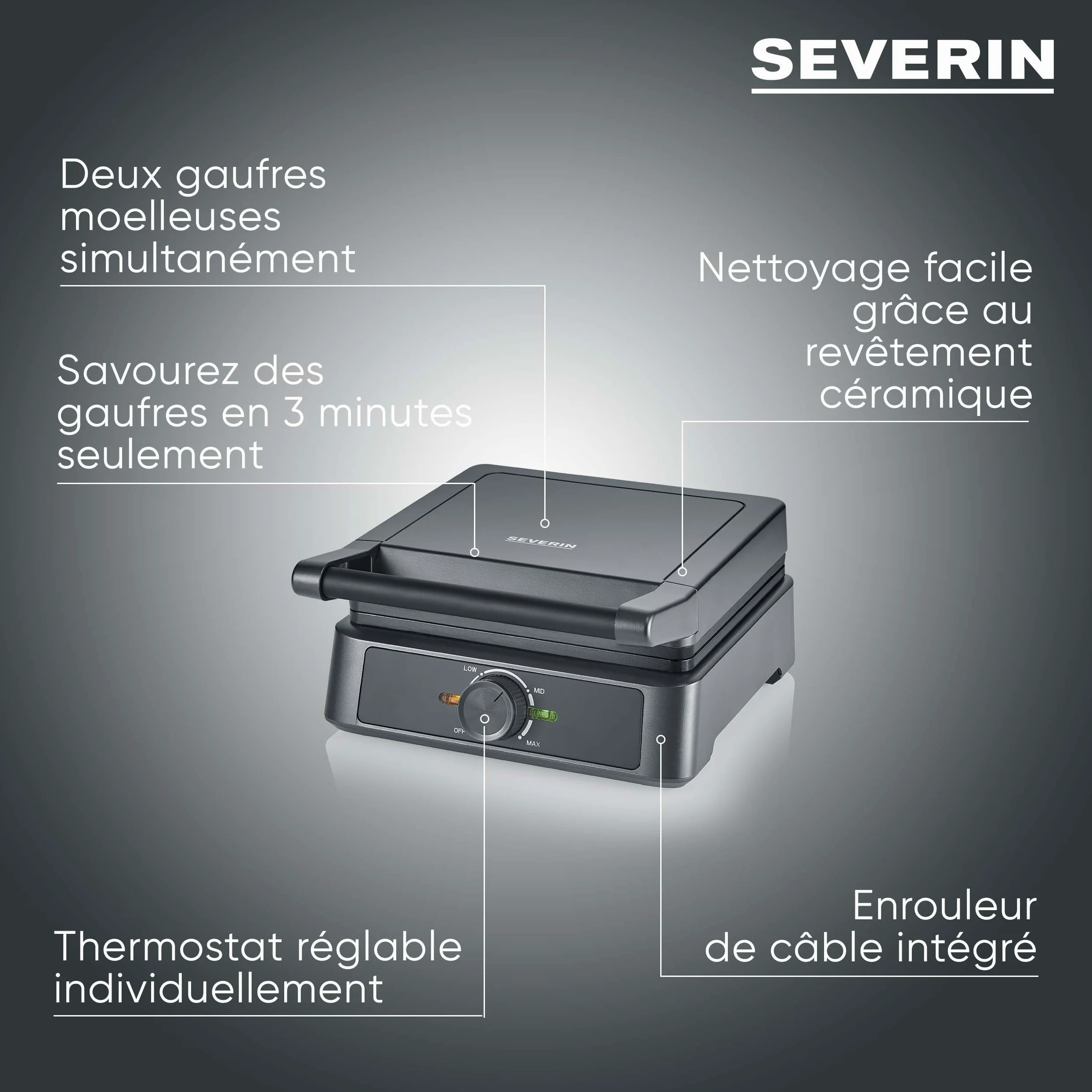 SEVERIN Gaufrier 1 600 W, Appareil à gaufres au revêtement antiadhésif pour gaufres belges moelleuses et croustillantes, Machine à gaufre sans PFAS au design compact, Noir, WA 2130