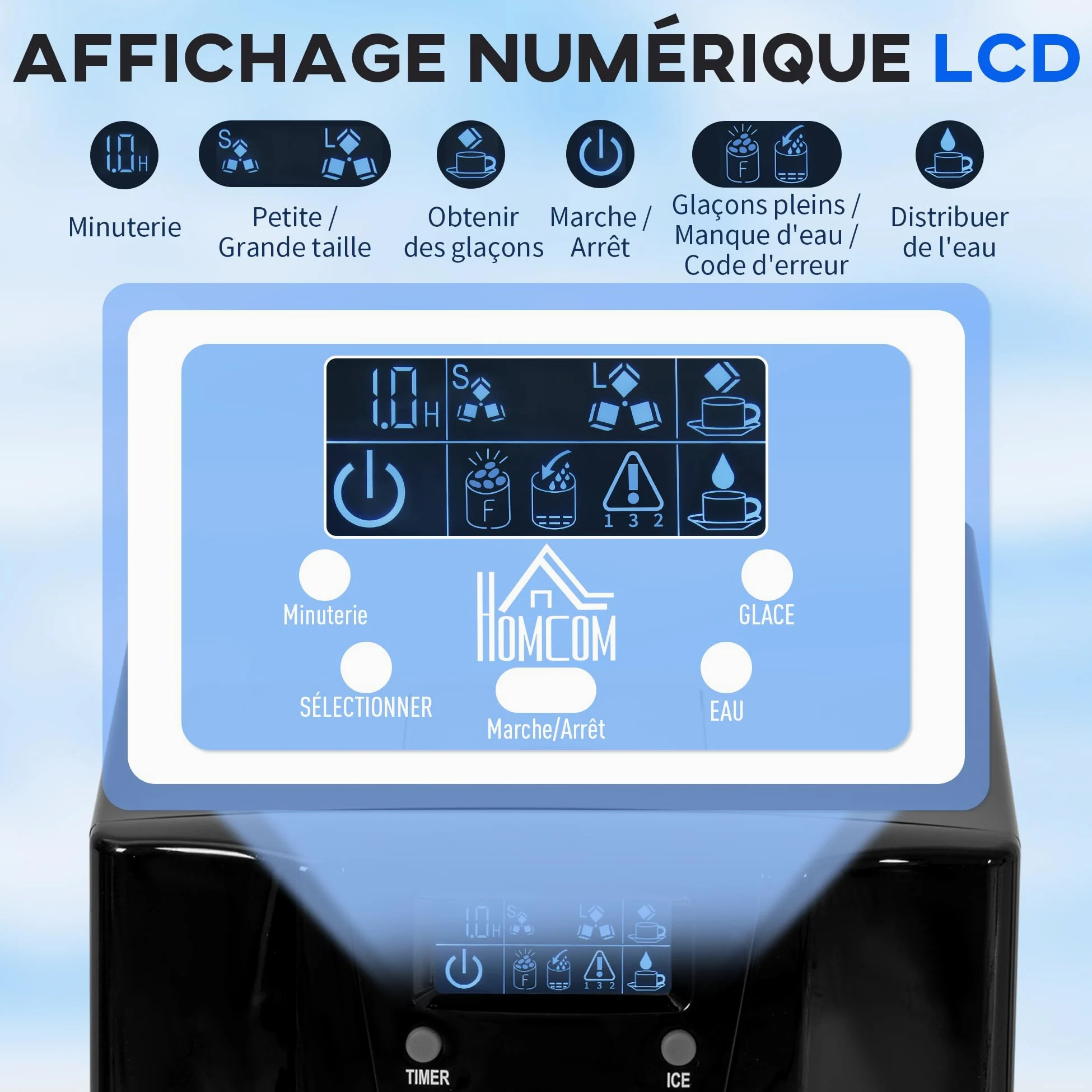 HOMCOM Machine à Glaçons avec Distributeur d'Eau, 12kg en 24h, 9 Glaçons en 6-10 Minutes, Ice Maker Portable, Taille de Glaçon Réglable, Minuterie, Réservoir d'Eau 3L, pour Maison, Cuisine, Bar, Noir