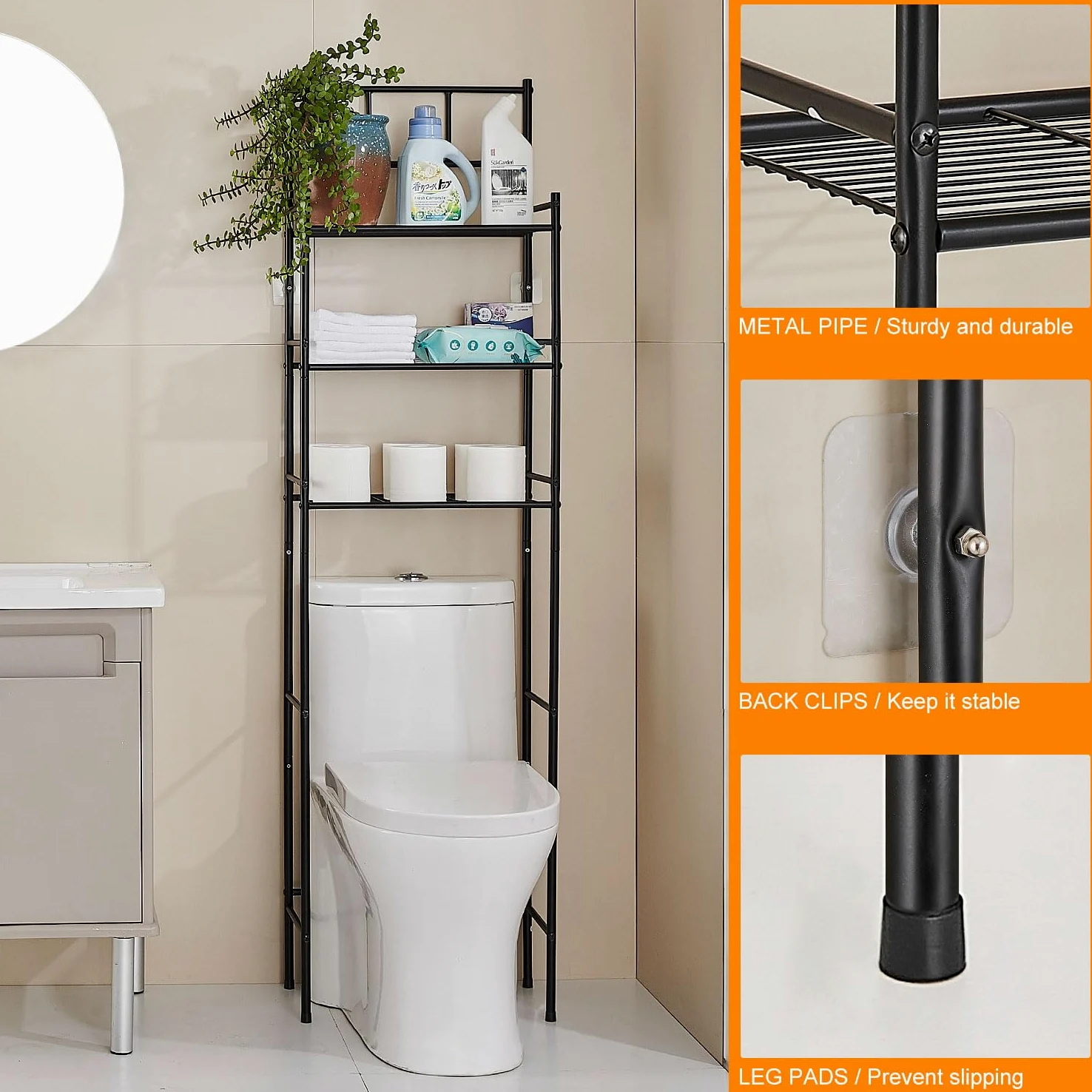 Meuble WC, Meuble Salle de Bain Rangement à 3 Niveaux, Étagère WC Autoportante en Métal, Rangement au-Dessus des Toilettes ou Lave-Linge Peu Gain de Place, Montage Facile Etagere, Noir