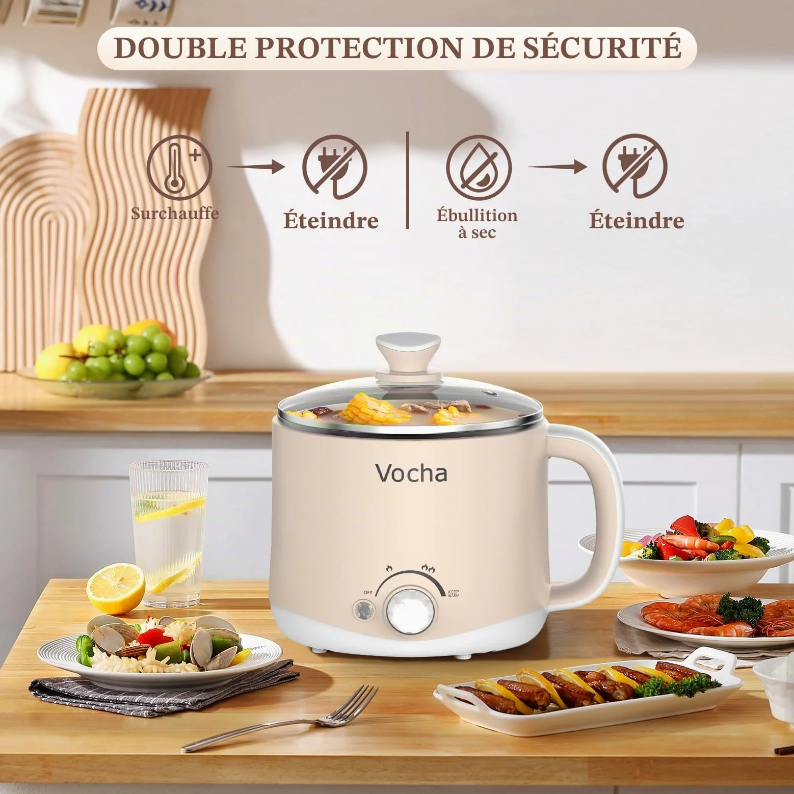 Vocha Marmite électrique avec fonction de maintien au chaud, poêle électrique anti-adhésive de 1,6 L, cuiseur de voyage portable, multicuiseur pour pâtes, nouilles, soupes, œufs durs, légumes (beige)