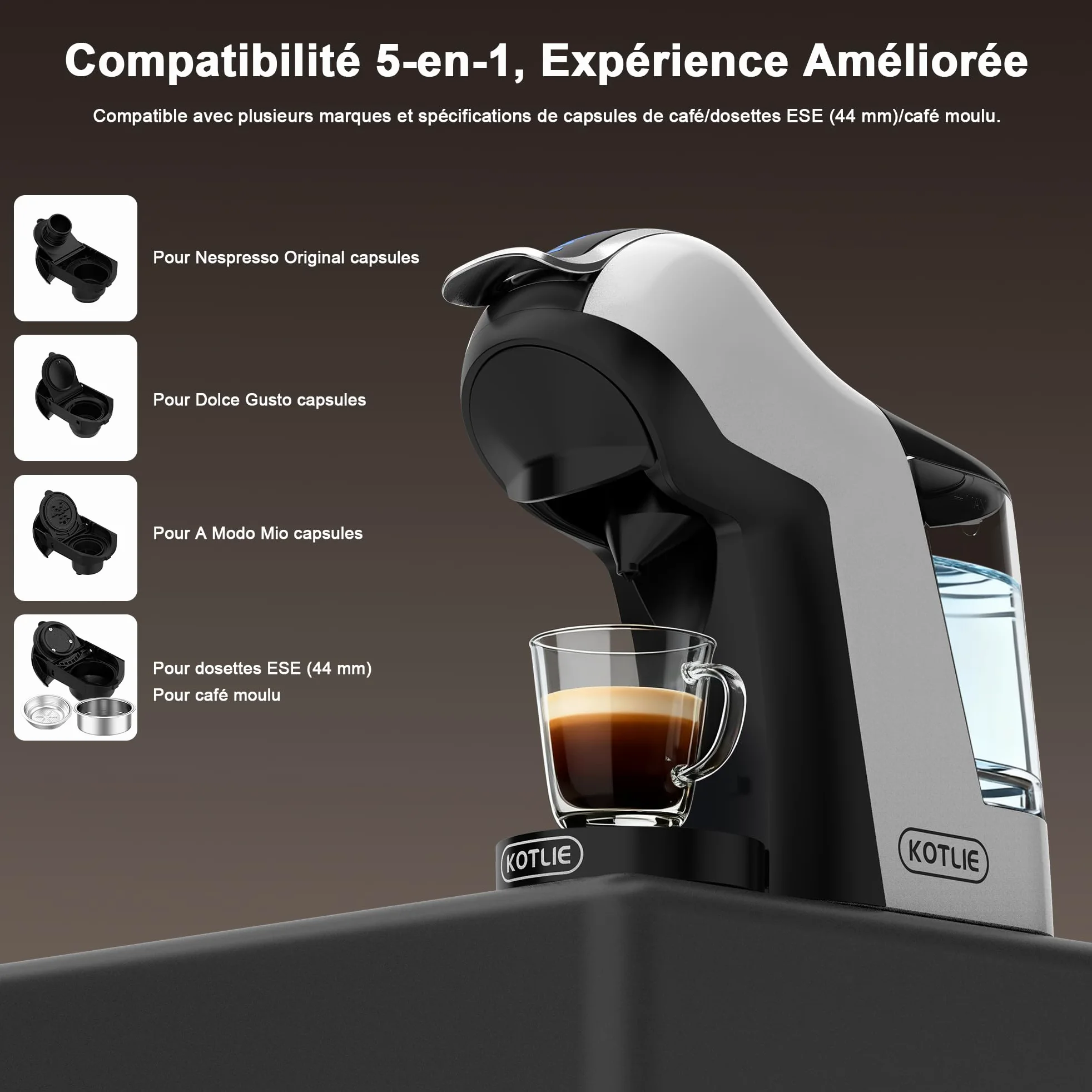 KOTLIE EM-308B Machine à café à capsules NES/DG/MIO/ESE et café moulu, réservoir d'eau de 1 litre, 3 températures d'infusion, idéale pour la cuisine, l'appartement et le bureau