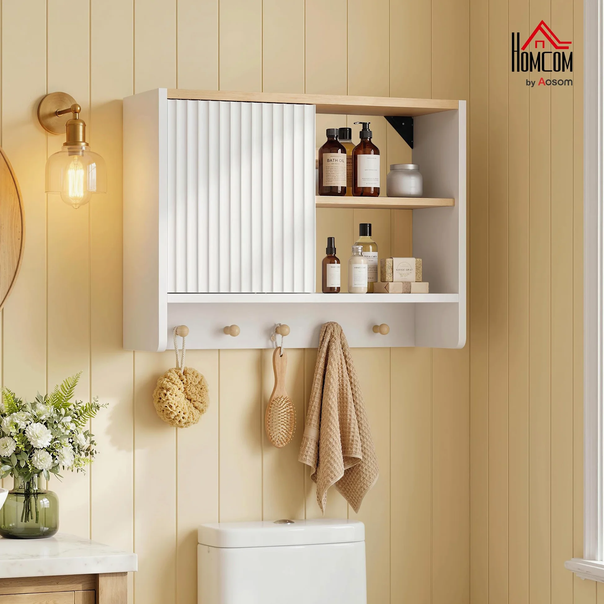 HOMCOM Armoire Murale de Salle de Bain, Meuble de Rangement Suspendu pour Salle de Bains avec Porte, étagères Ouvertes et 5 Crochets, Meuble WC Suspendu, 60 x 20 x 40 cm, Blanc et chêne