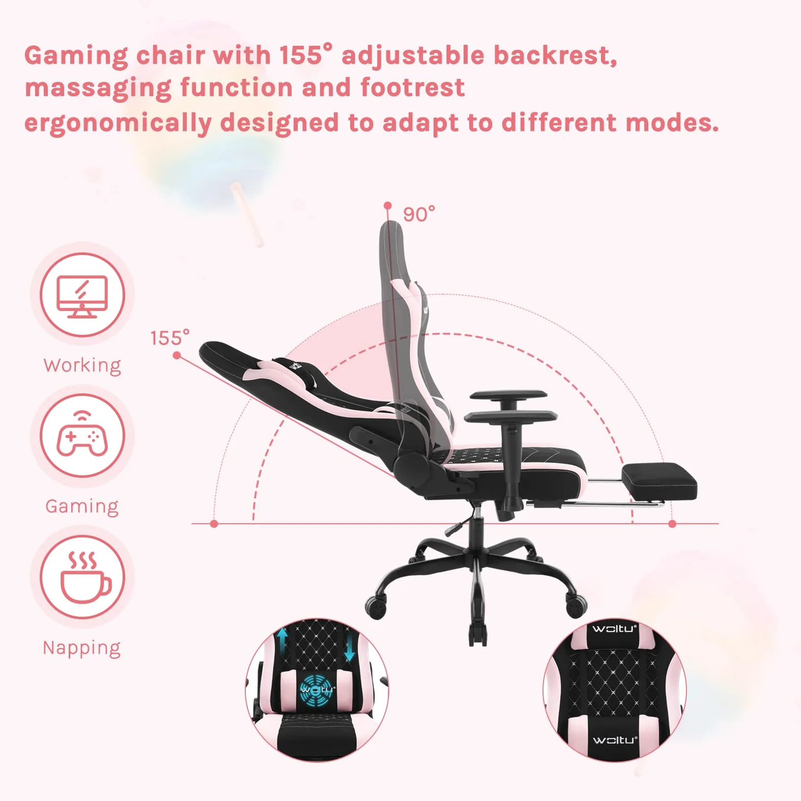 WOLTU Chaise Gaming, Chaise Bureau Massante, Fauteuil Ergonomique avec Coussin Lombaire Massant, Siège Large à Ressorts, Appui-tête, Repose-Pieds, Tissu Maille, Charge 150kg, Noir+Rose