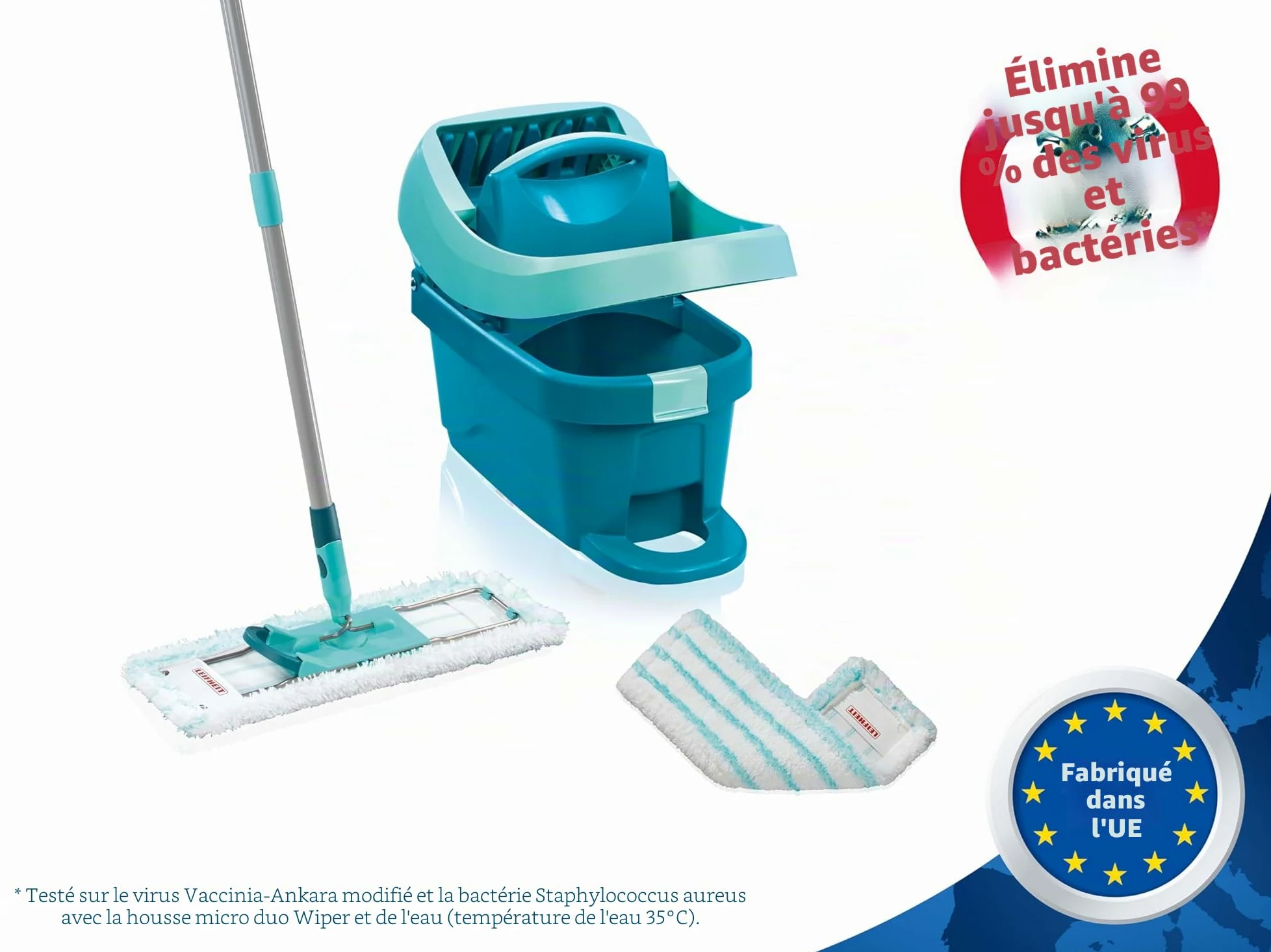 Leifheit Kit Profi XL Essore-housse avec Roulettes et Lave-Sol, housse de rechange incluse, seau et balais-serpillère simples à utiliser avec mécanisme d'essorage intégré