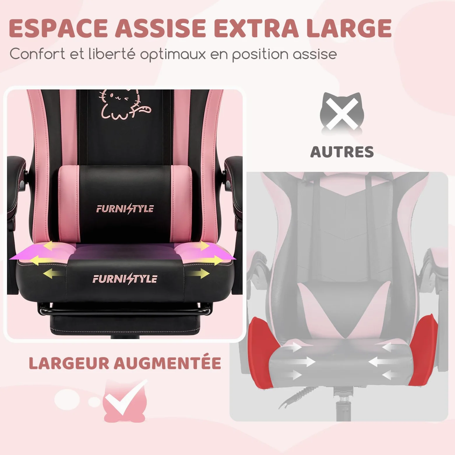 Hellove Chaise Gaming Ergonomique, Fauteuil Gamer avec Repose-Pieds Rétractable, Coussin Lombaire et Oreilles de Chat, pour Filles, Adolescents, Enfants, Cuir PU, Noir et Rose
