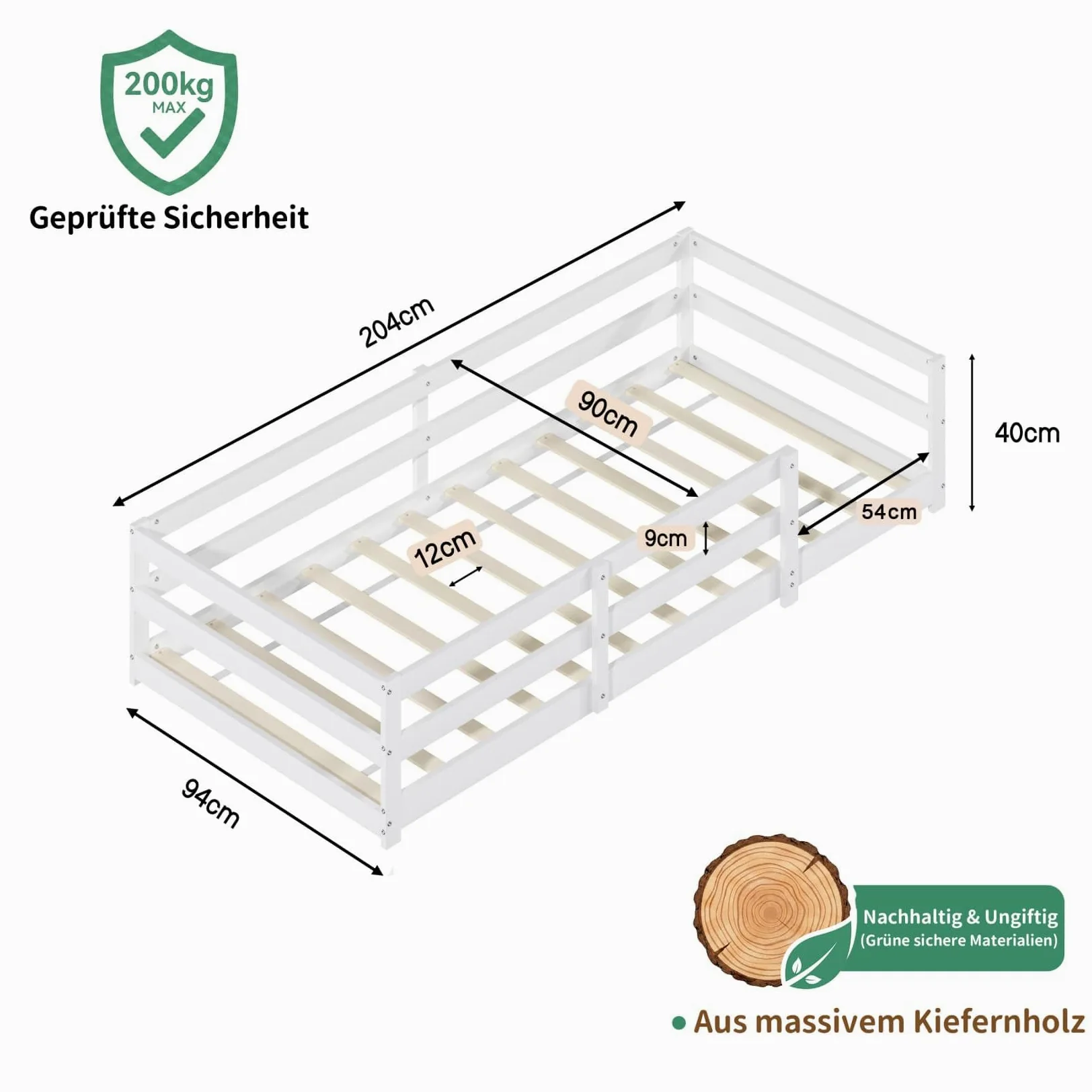 Lit Au Sol Montessori 90x200cm,Cadre de Lit 1 Personne avec Quatre Barrières Latérales,Sommier à Lattes Roustes,pour Garçons Filles(90-Blanc)