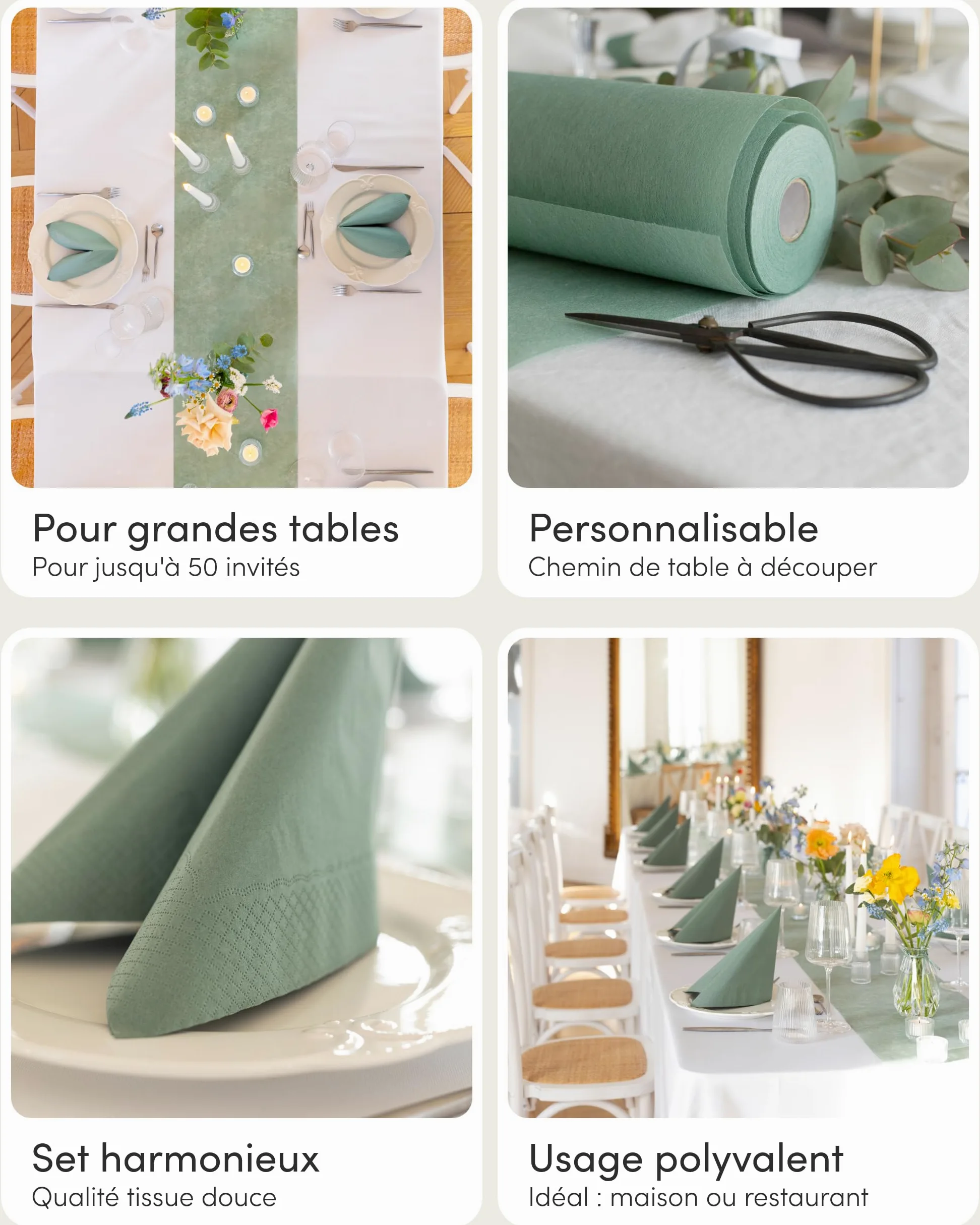 100% Mosel Kit de décoration de table – Vert Eucalyptus (25–50 Invités) | Chemin de Table en Intissé & Serviettes en Papier pour Mariage, Baptême, Communion & Anniversaire