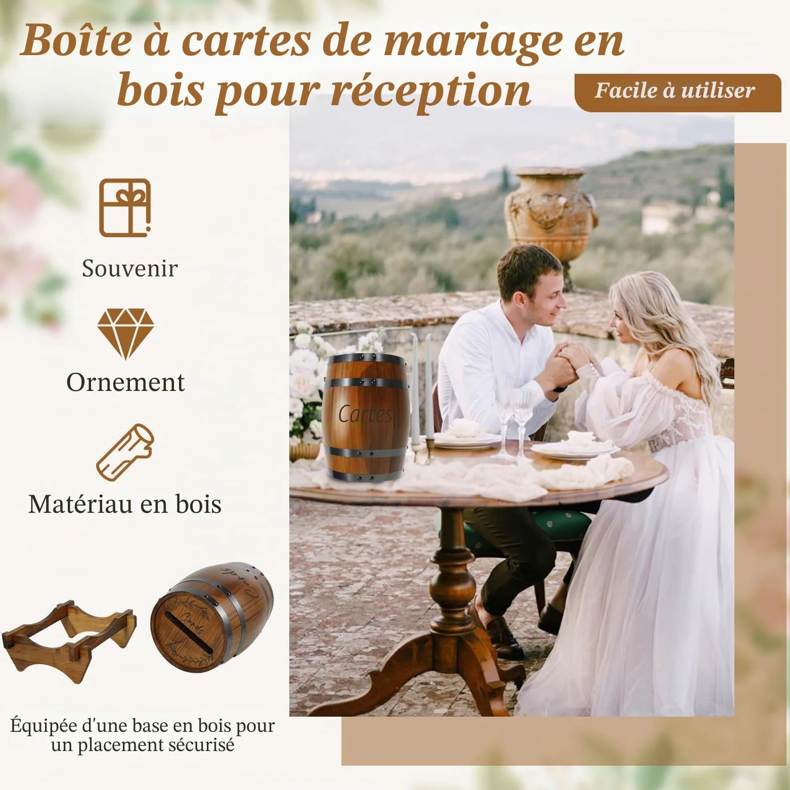 Boîte de rangement en bois pour cartes de mariage en forme de baril de whisky - Housse de rangement pour argent - Housse pour mariage, douche nuptiale, fête d'anniversaire - Décor (brun)
