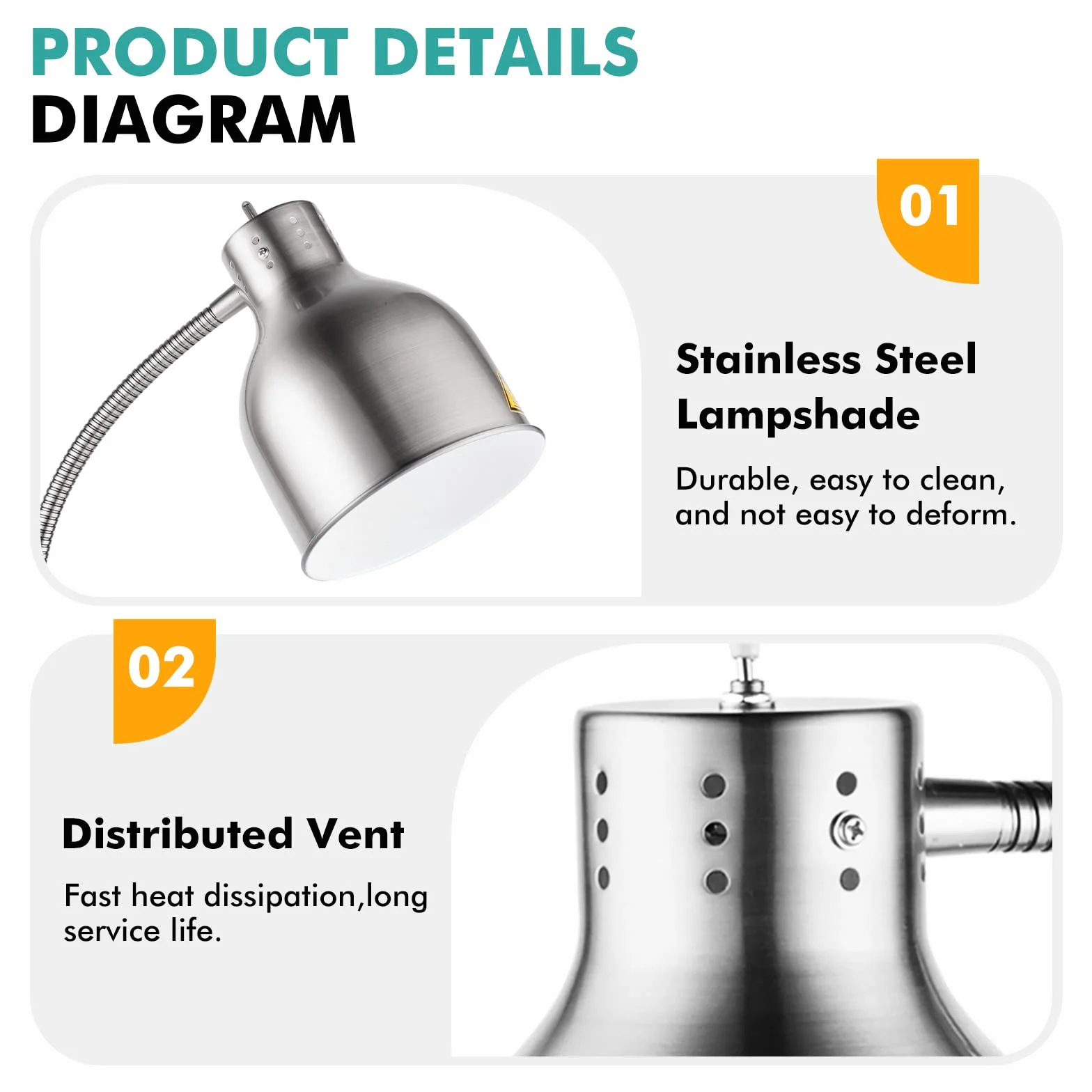 YJINGRUI Lampe chauffante pour Aliment Autonome 250W, argentée, avec Tuyau Extensible jusqu'à 70cm pour Buffet, Cuisine ou Restaurant (Ampoule Simple).